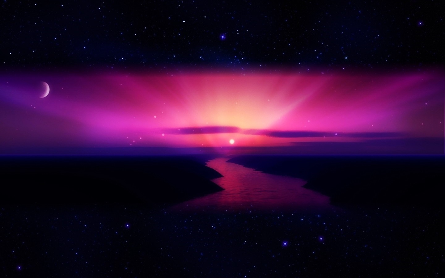 Cosmic sunset over a river with moon and stars HD Wallpaper