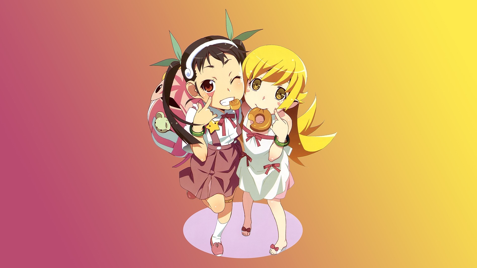 Oshino Shinobu and Hachikuji Mayoi from Monogatari Series eating donuts HD Wallpaper