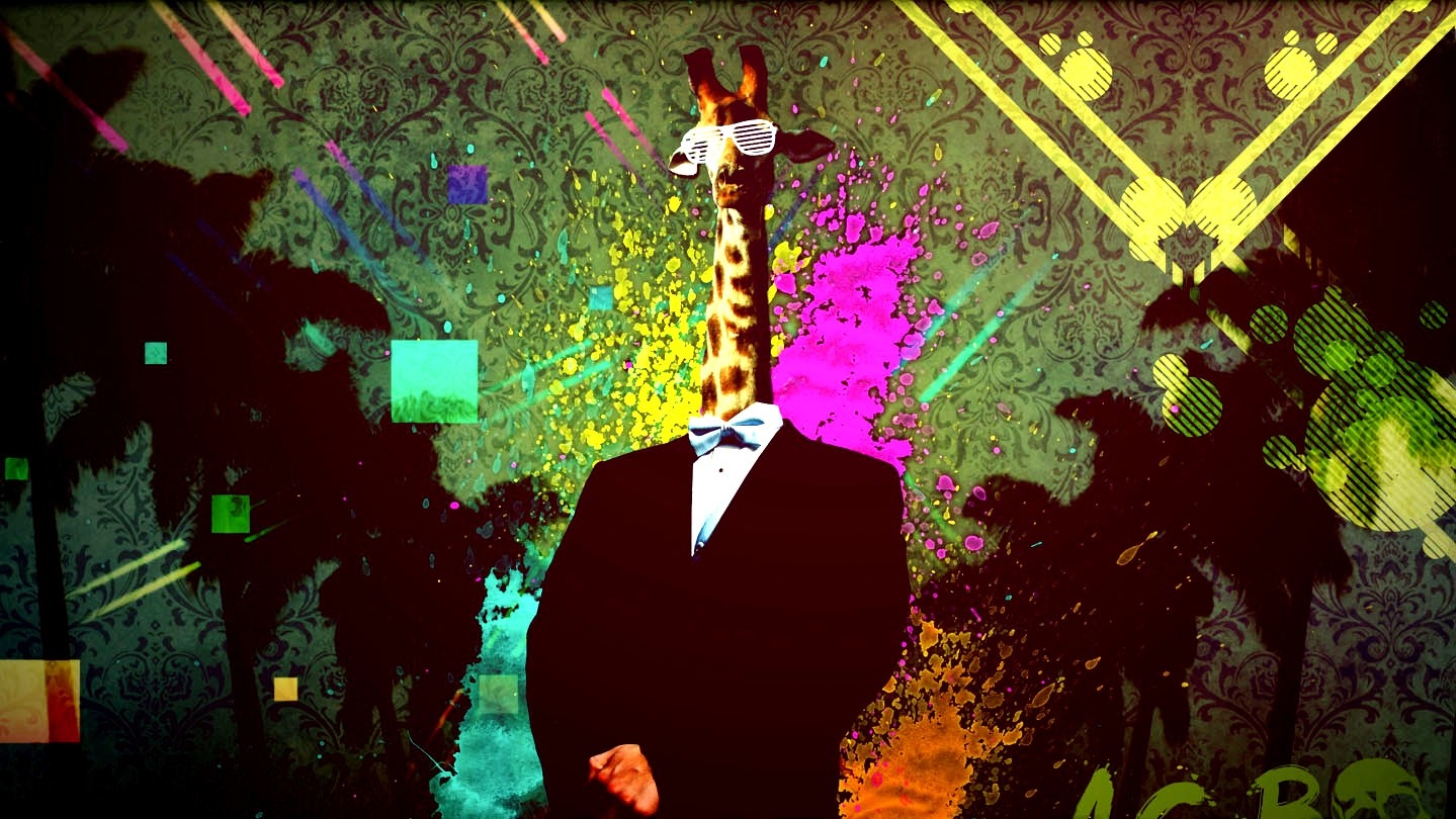 Giraffe in a suit with sunglasses and colorful background HD Wallpaper
