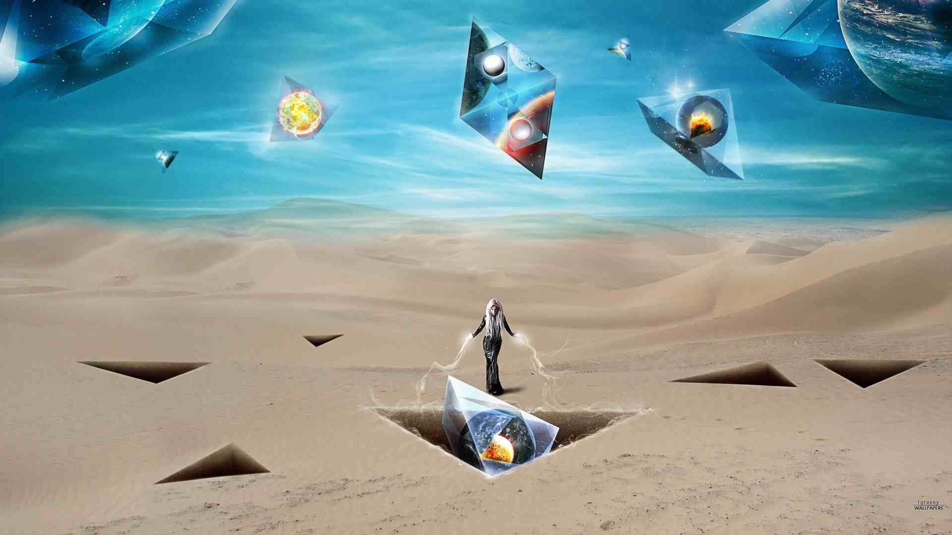 Woman in desert with floating geometric shapes HD Wallpaper