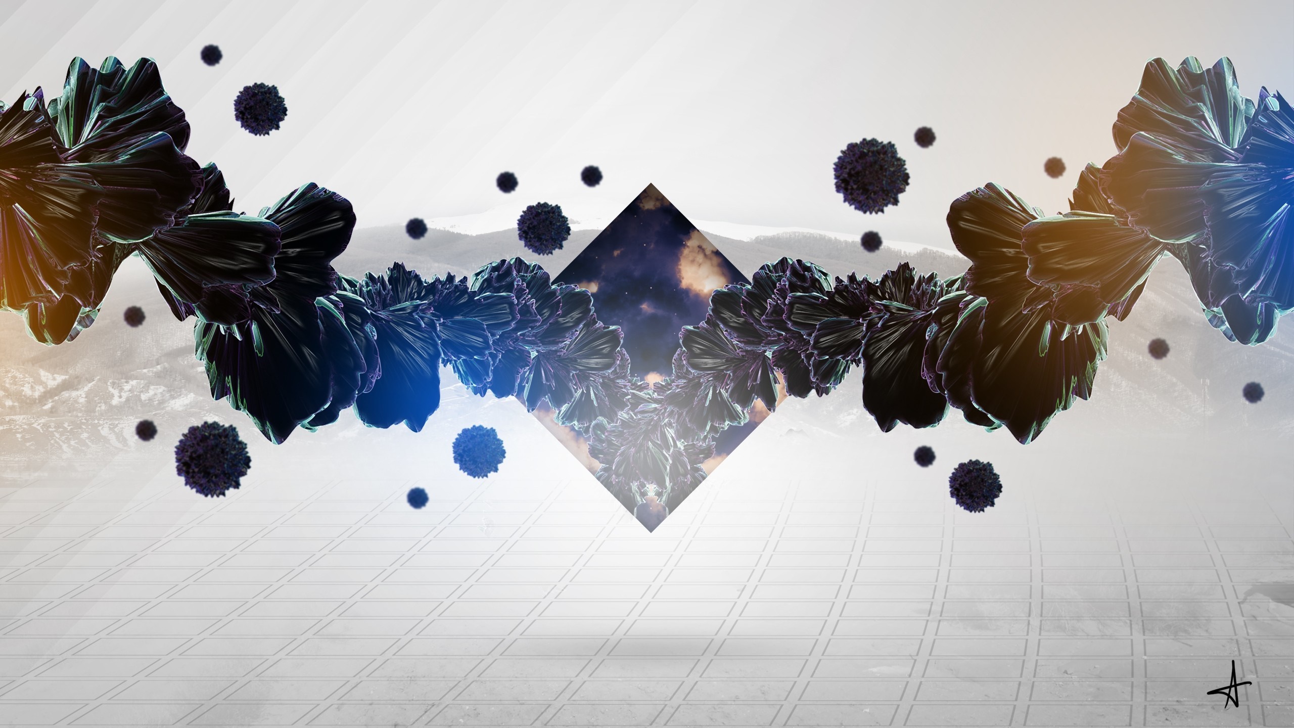 Abstract digital art with geometric shapes and organic forms HD Wallpaper