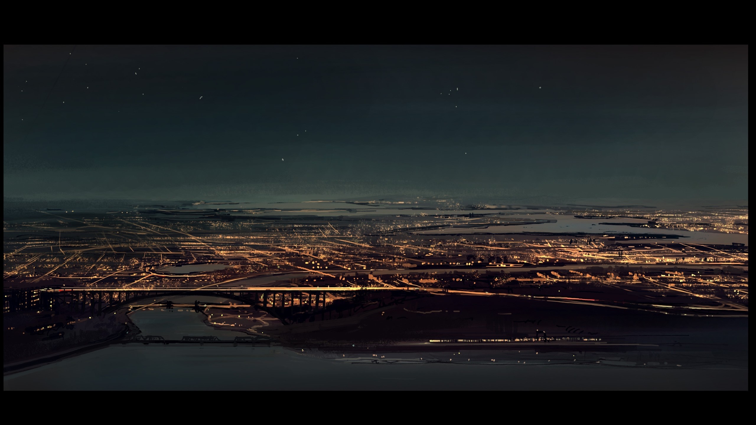 Cityscape at night with a bridge and stars HD Wallpaper