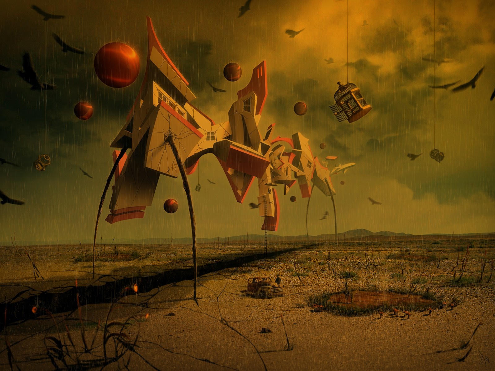 Surreal illustration of a strange structure in a desolate landscape HD Wallpaper