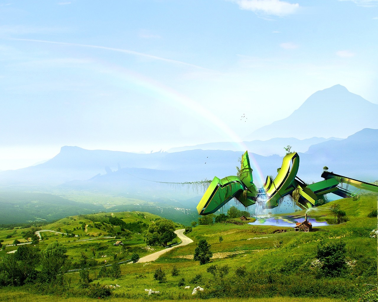 Surreal green structures in a mountainous landscape with a rainbow HD Wallpaper