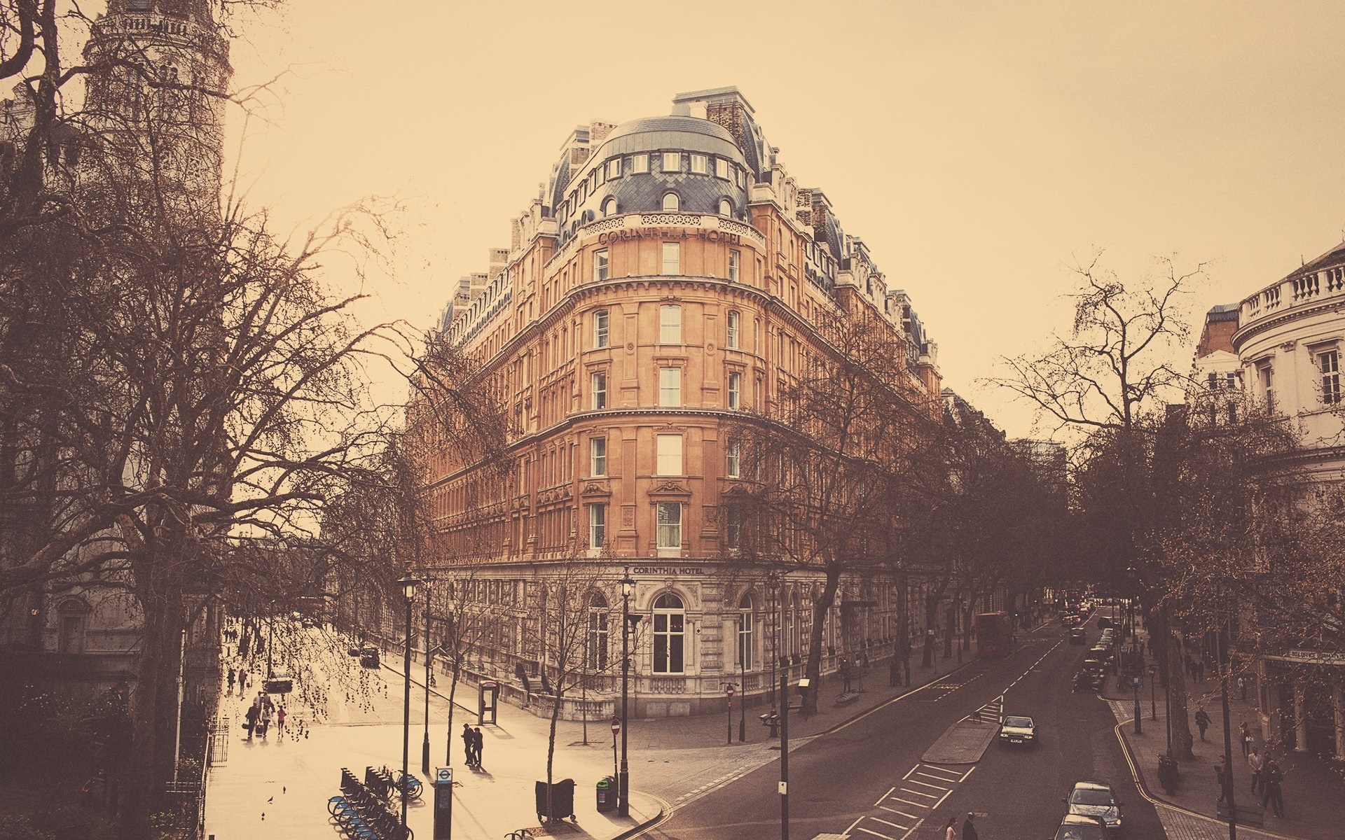 Corinthia Hotel London street view with trees and cars HD Wallpaper
