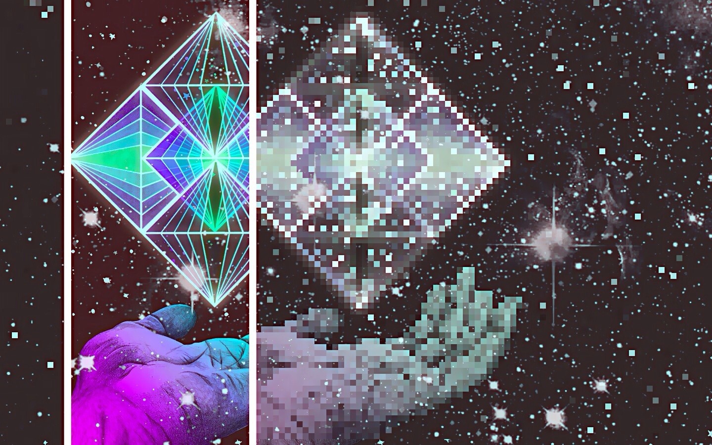 Pixelated Hand Holding Geometric Shape in Space HD Wallpaper