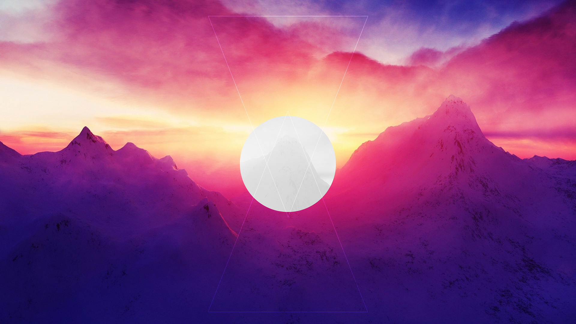 Digital art of mountains at sunrise with geometric overlay HD Wallpaper