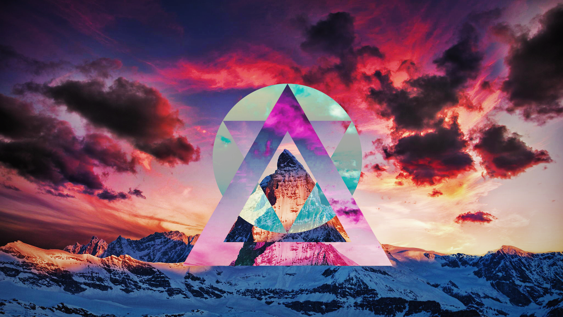 Geometric overlay on mountain landscape at sunset HD Wallpaper
