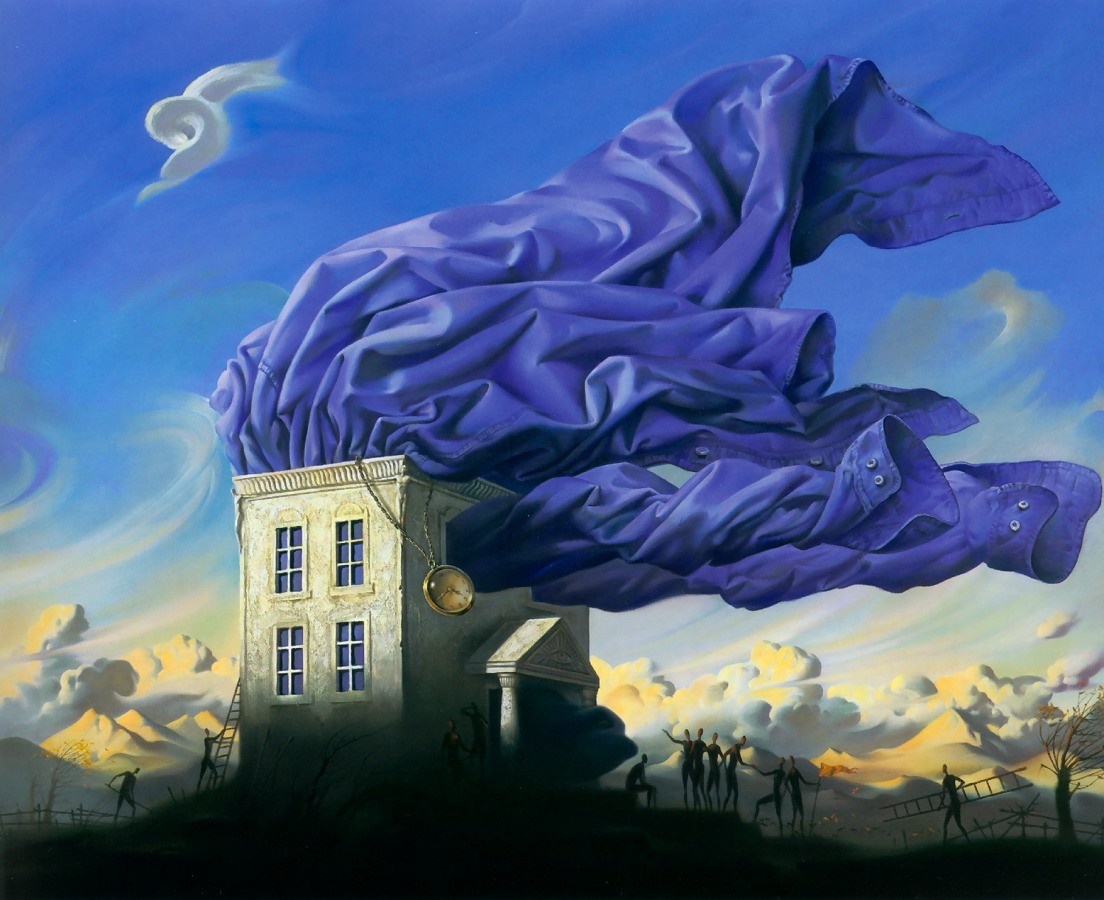 Surreal painting of a building with a giant blue shirt HD Wallpaper
