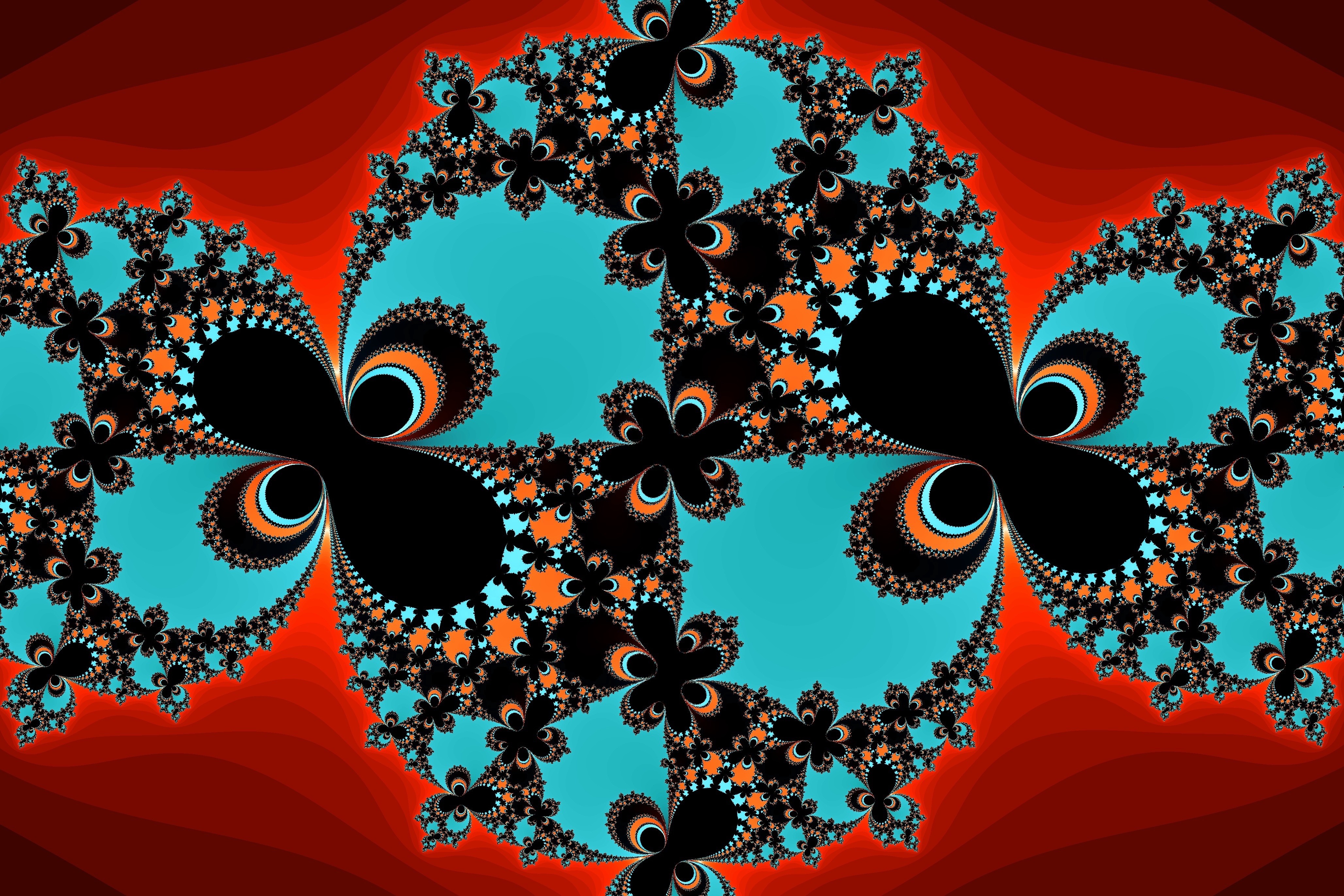 Abstract fractal pattern with red, teal, black, and orange colors HD Wallpaper