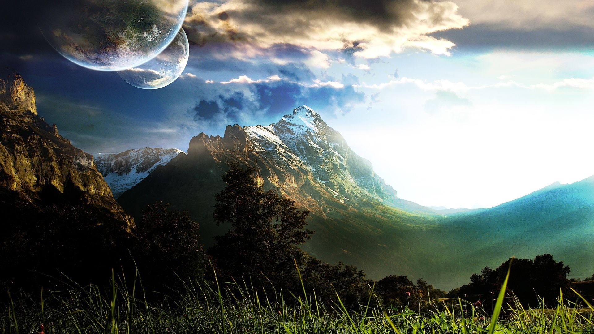 Digital art landscape with mountains, planets, and clouds HD Wallpaper