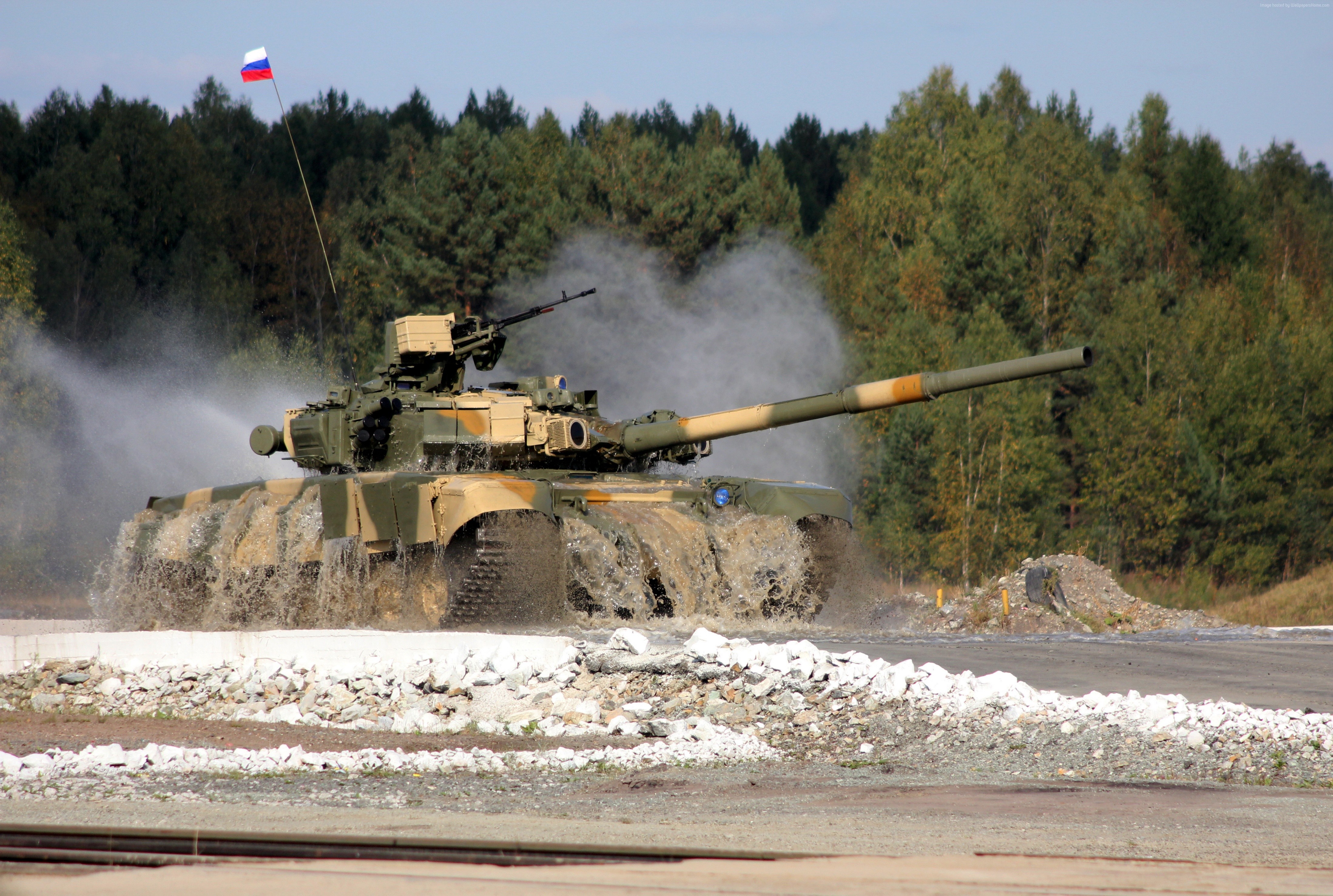 T-90A tank driving through water with Russian flag HD Wallpaper