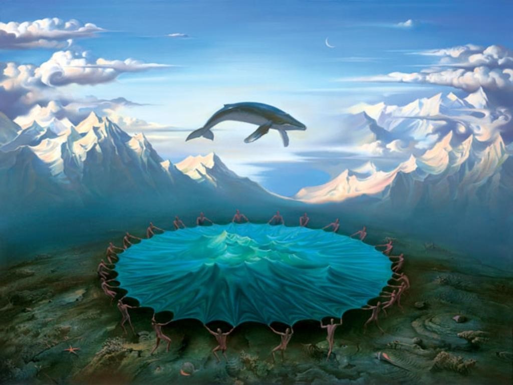 Whale leaping over people holding a water sheet with mountains HD Wallpaper