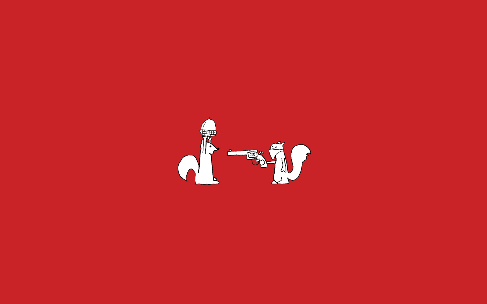Two squirrels, one holding an acorn, the other a gun HD Wallpaper