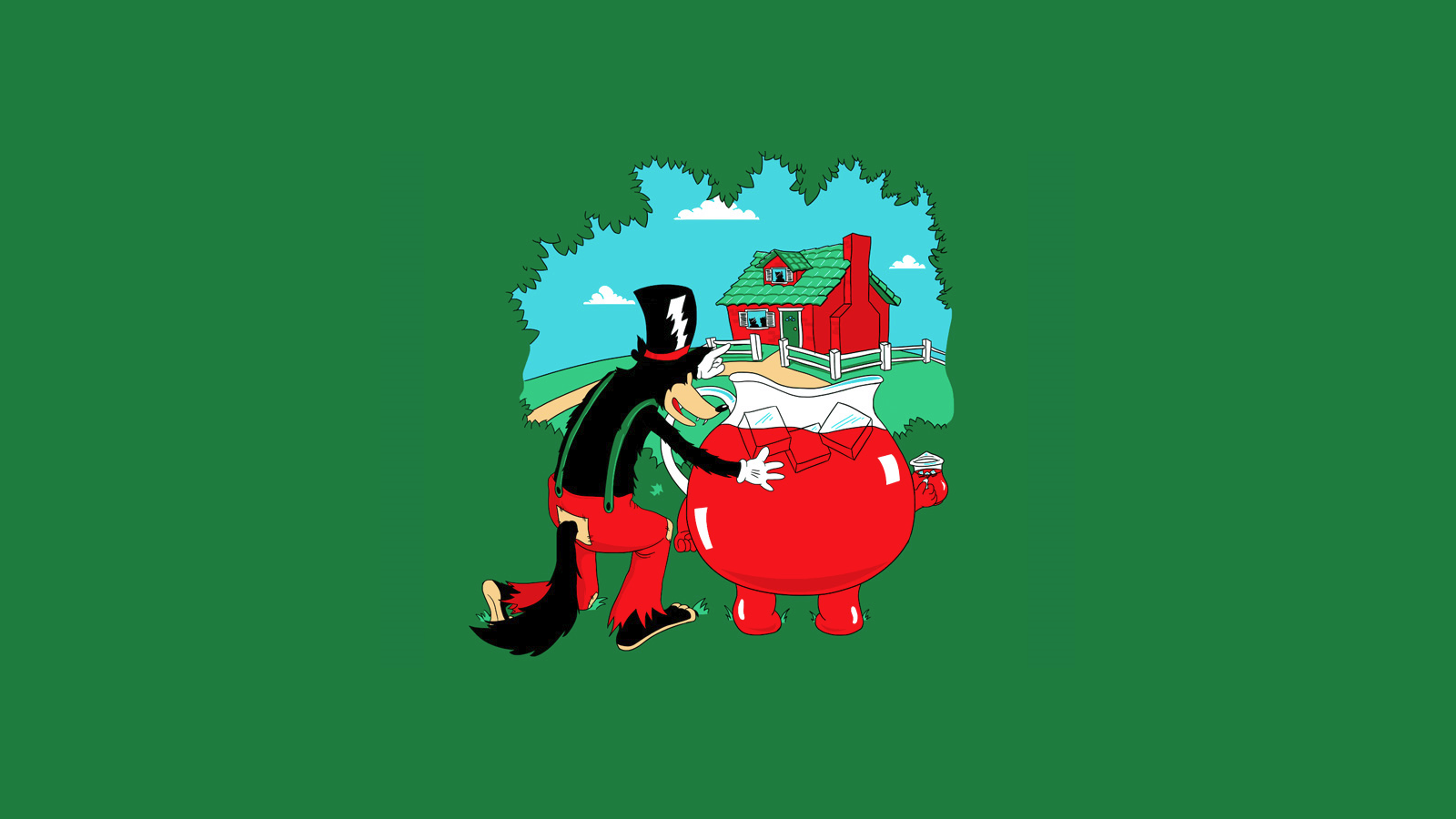 Wolf in a top hat reaching into a large pitcher of red liquid HD Wallpaper