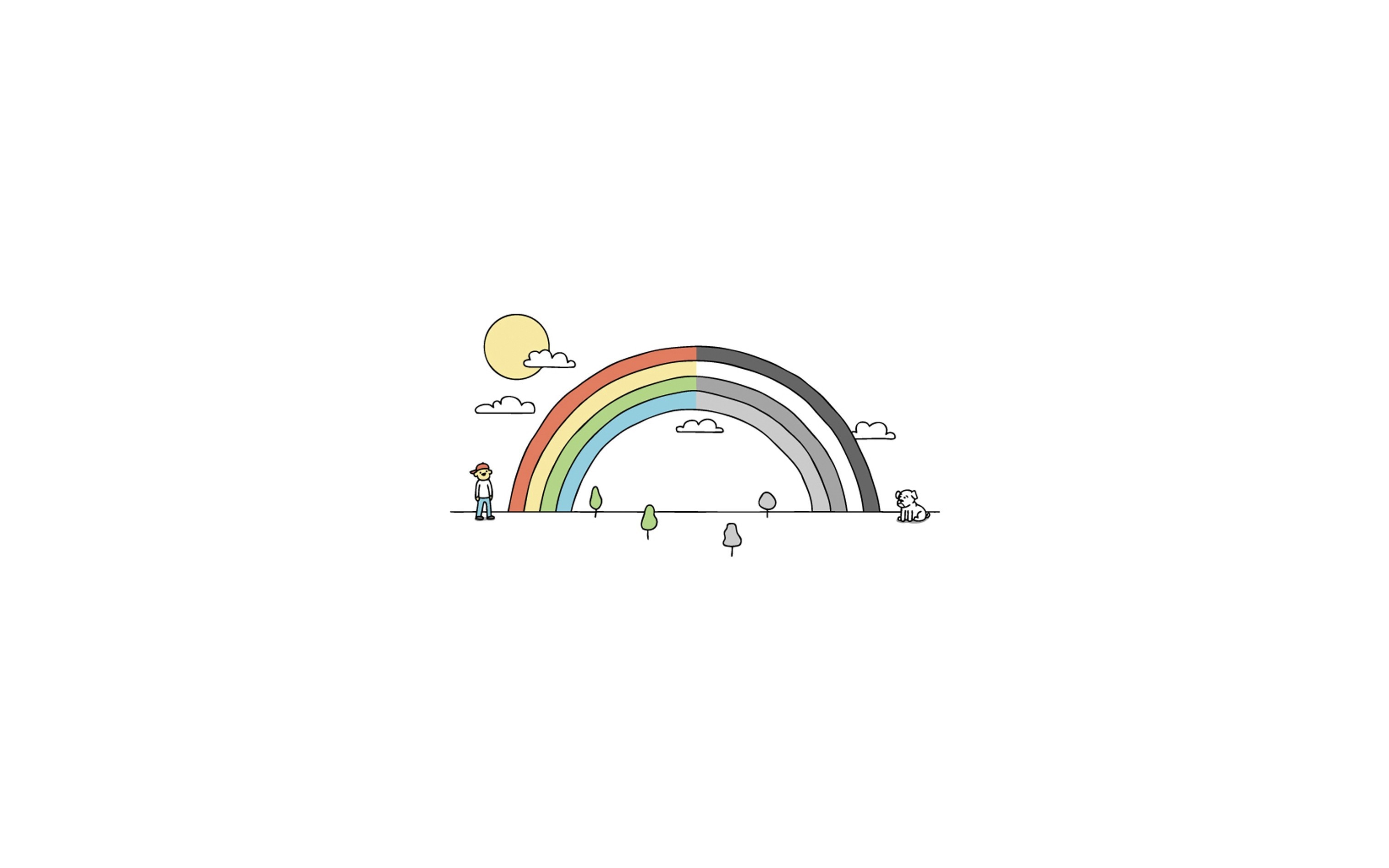 Minimalist rainbow with sun, clouds, person, and dog HD Wallpaper