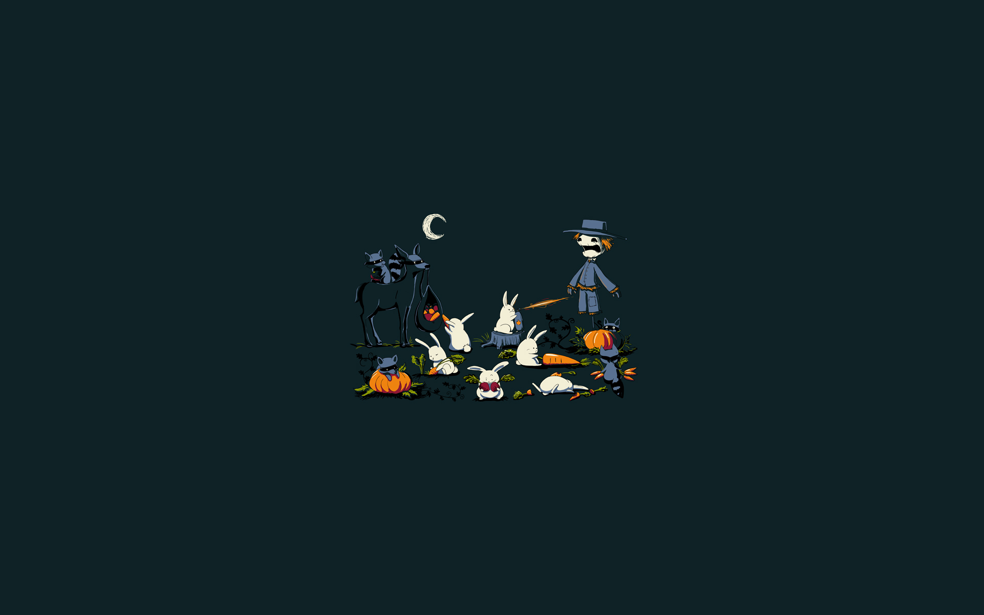 Halloween scene with rabbits, scarecrow, and raccoons HD Wallpaper