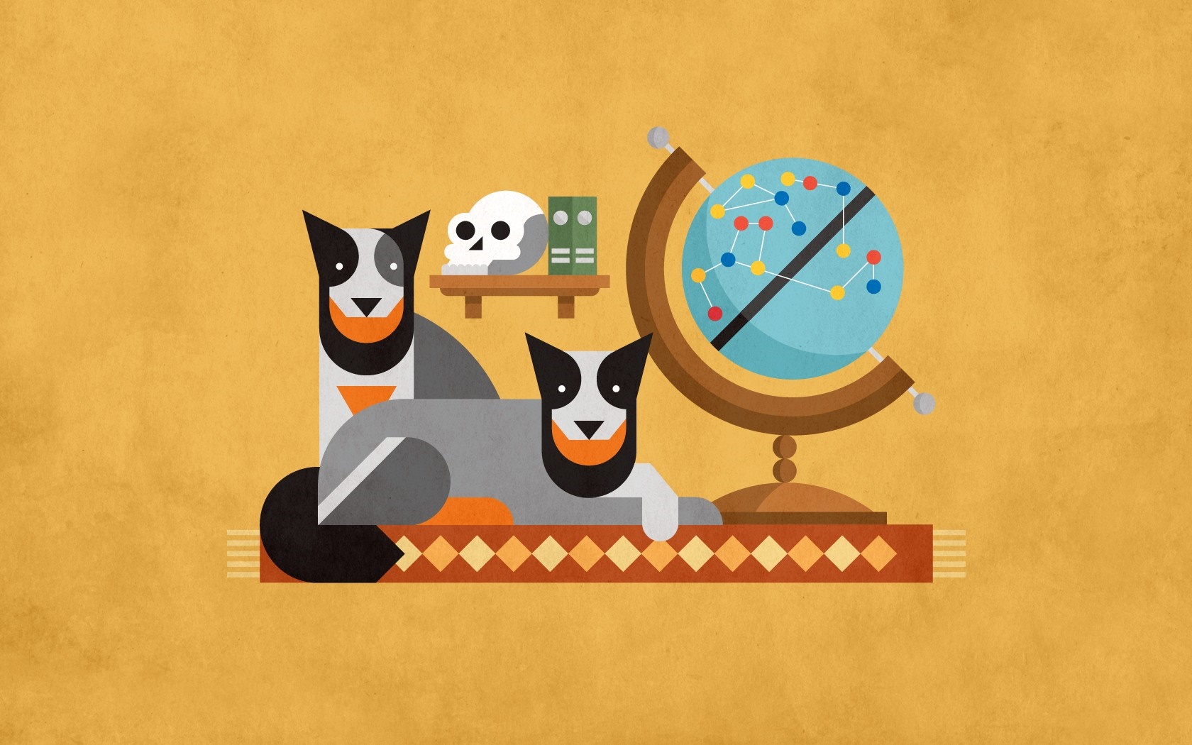 Two dogs, a skull, books, and a globe on a rug HD Wallpaper
