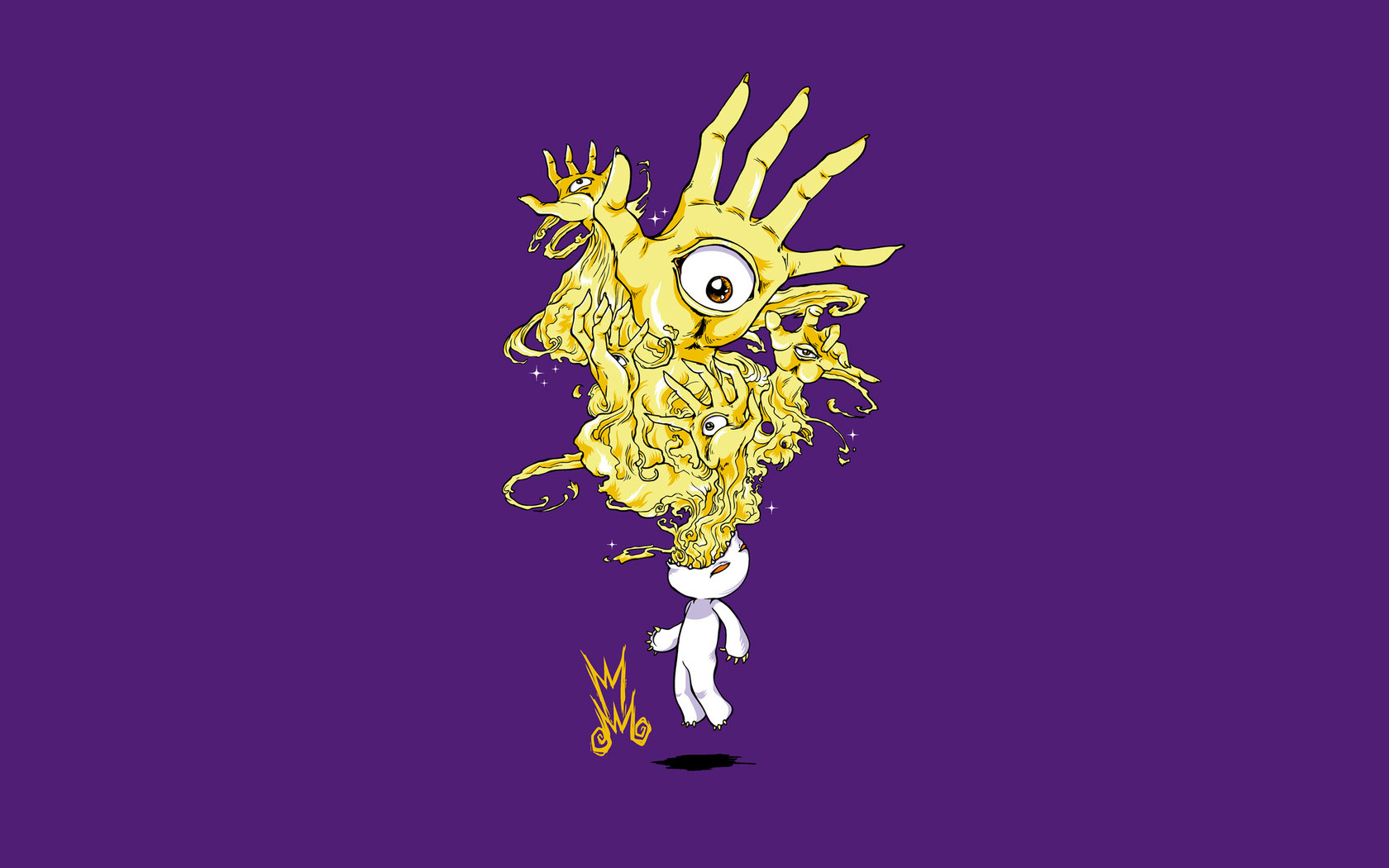 Surreal illustration of a small white figure with a large yellow hand and eye emerging from its head HD Wallpaper