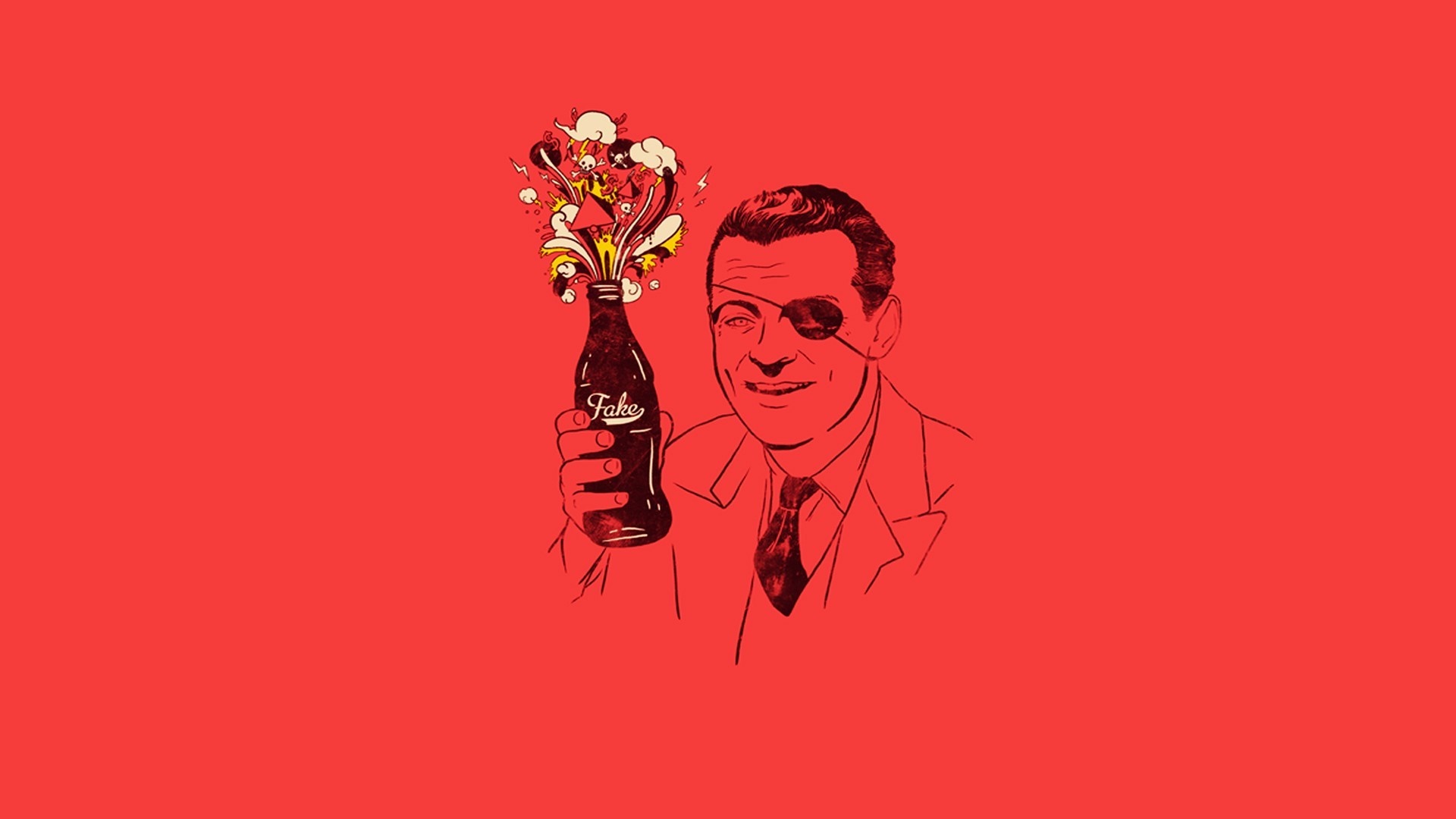 Man with eye patch holding a bottle of fake soda HD Wallpaper