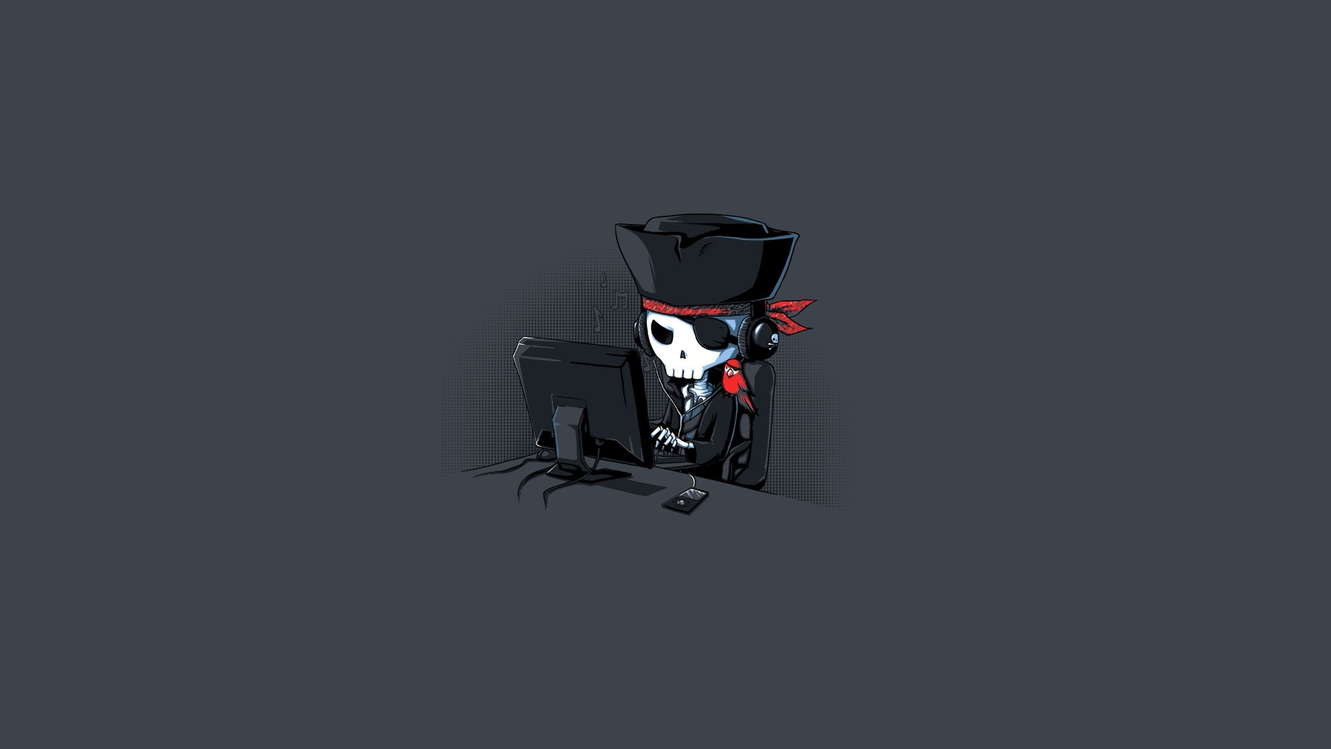 Skeleton pirate at computer HD Wallpaper
