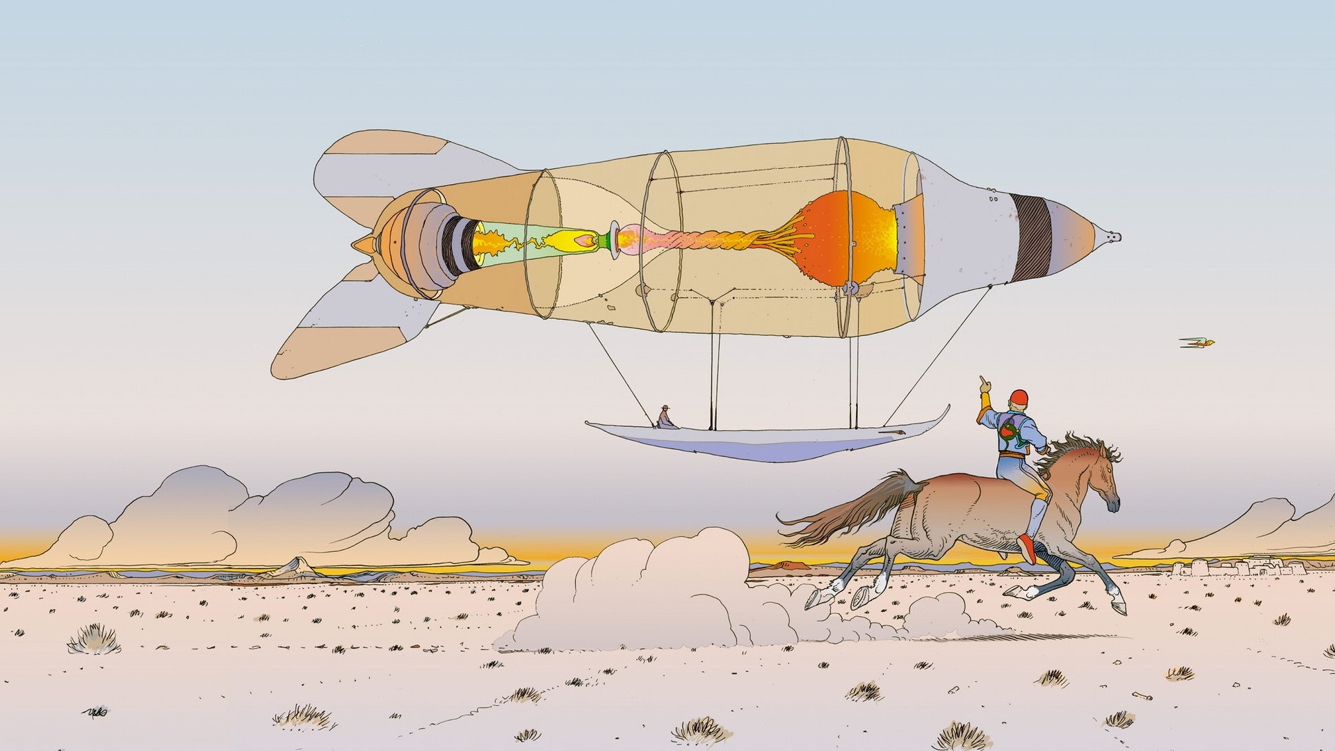 Möbius airship over a desert landscape with a rider on horseback HD Wallpaper