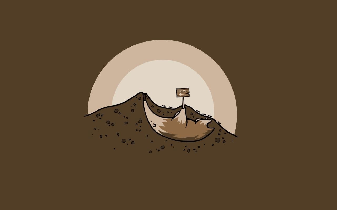 Cartoon fox resting in a burrow with a home sign HD Wallpaper