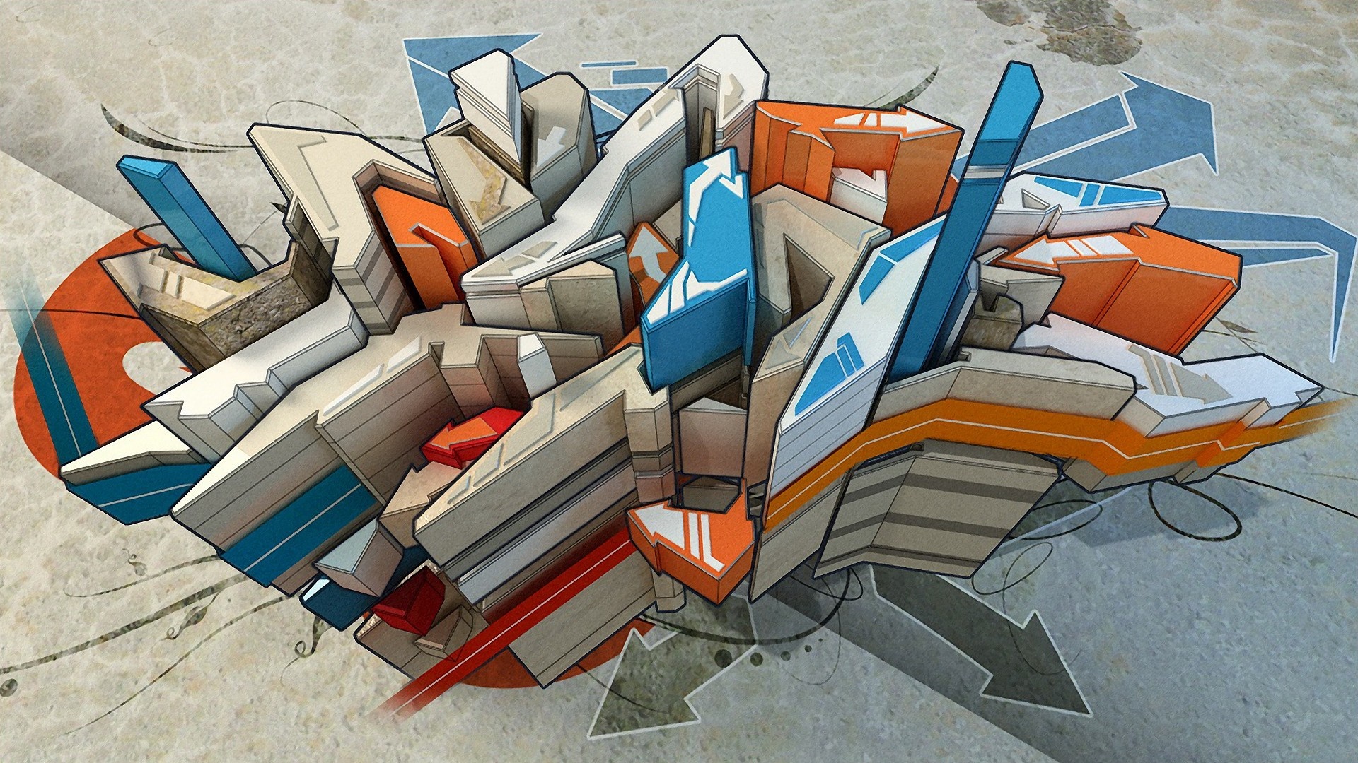 Graffiti art with abstract shapes and arrows HD Wallpaper