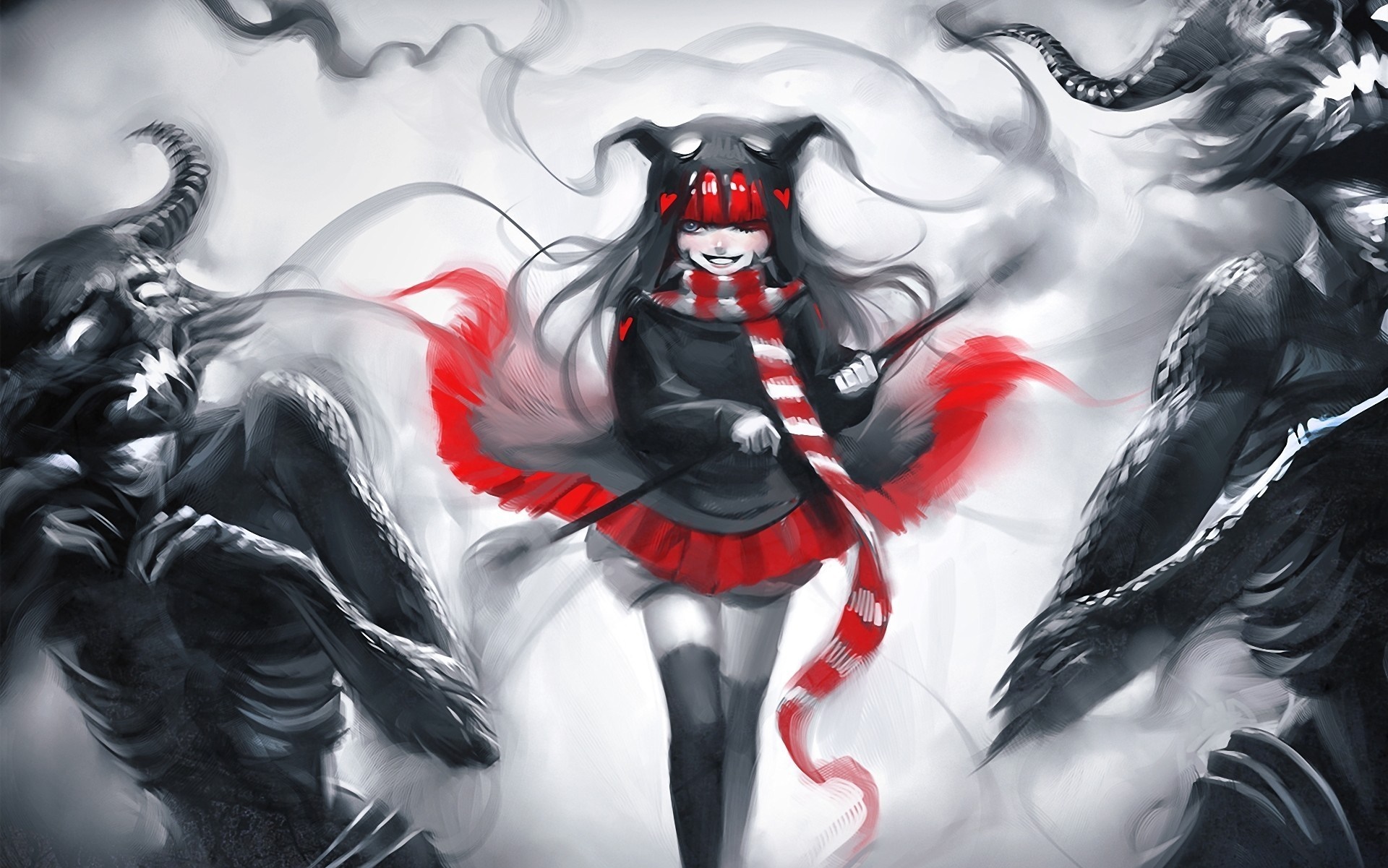 Anime girl with demons and red scarf HD Wallpaper