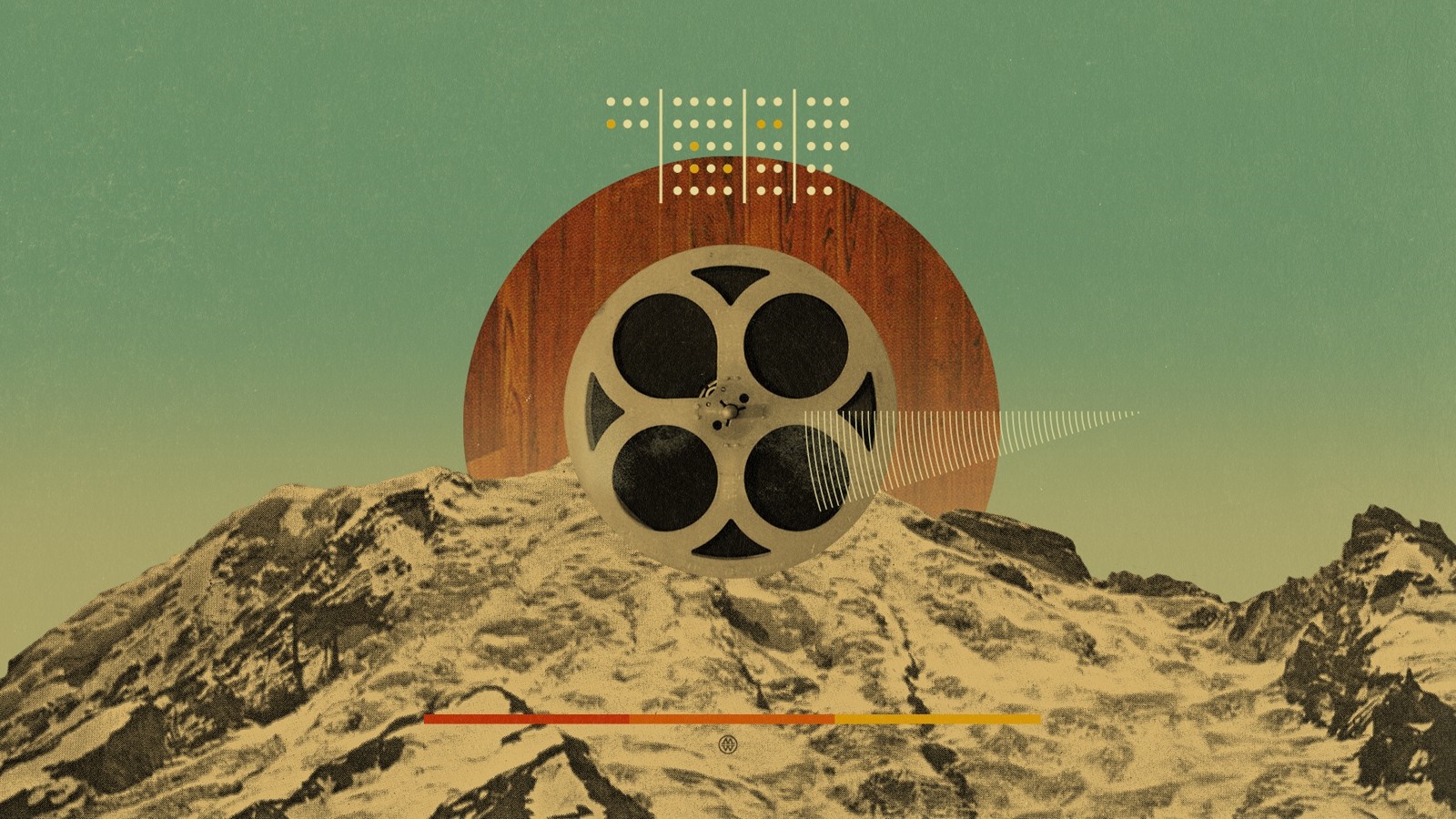 Film reel on mountain with abstract elements HD Wallpaper