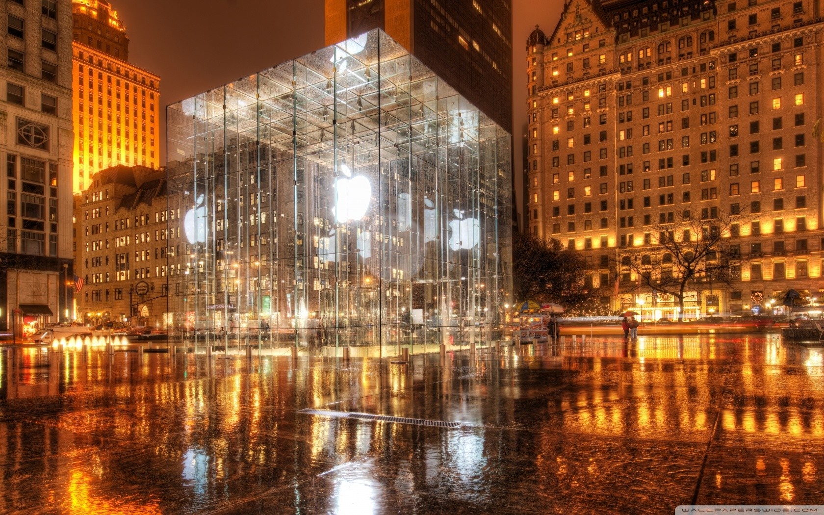 Apple Store Fifth Avenue at night with reflections HD Wallpaper