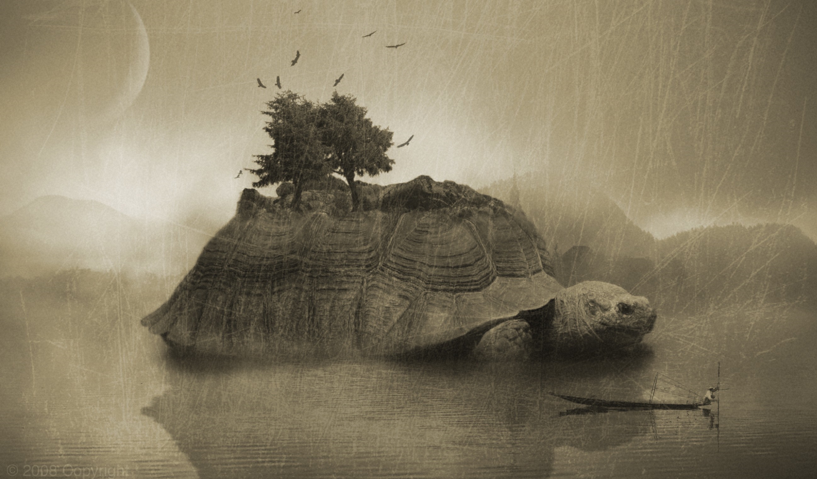 Giant turtle island with trees and birds HD Wallpaper