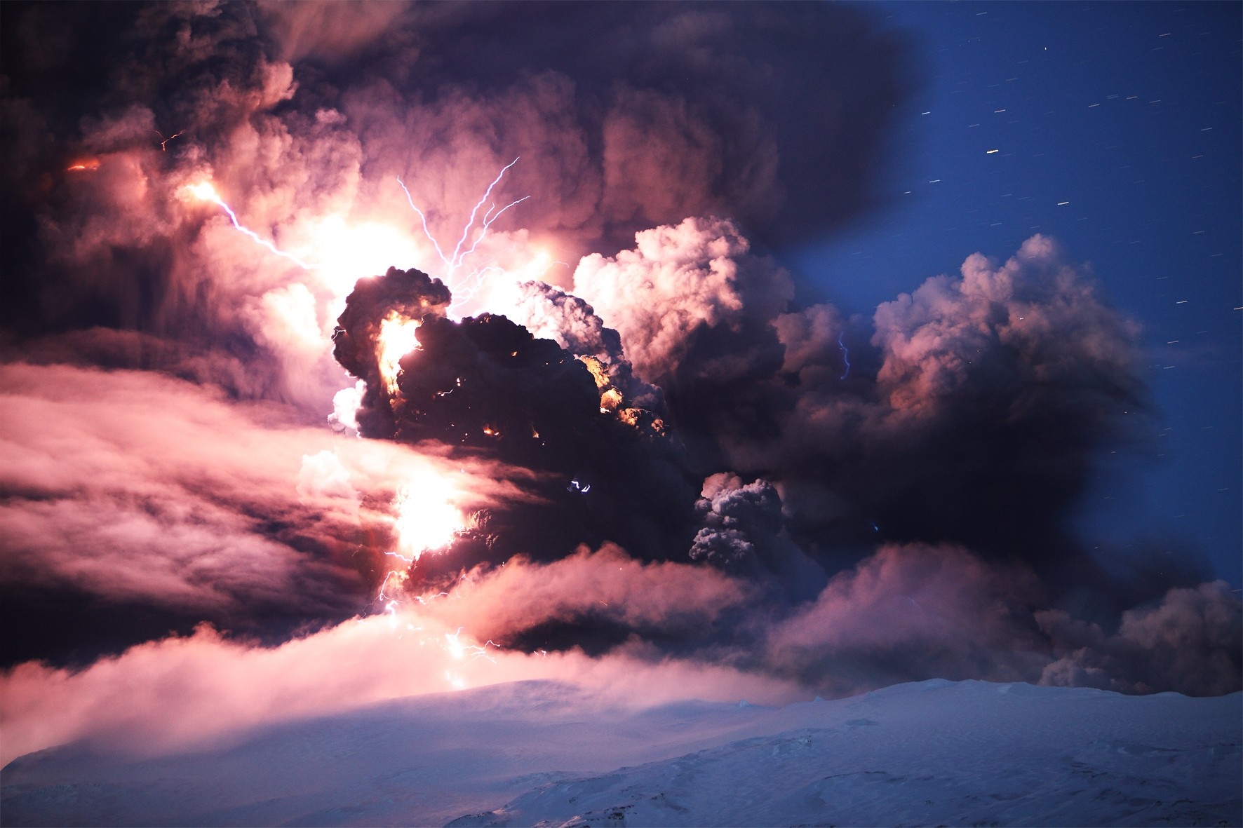 Volcanic eruption with lightning and smoke plumes HD Wallpaper