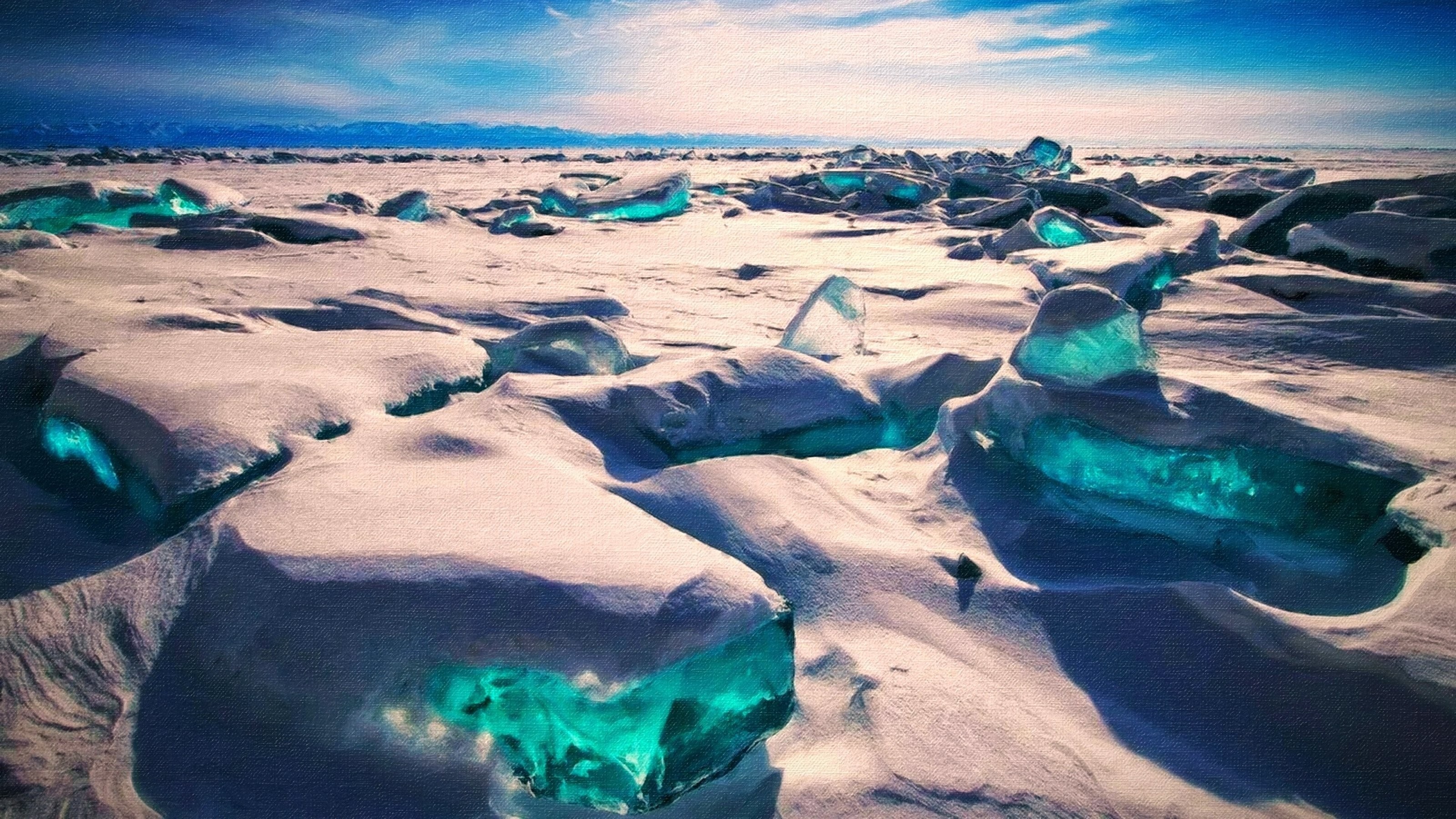 Frozen landscape with turquoise ice formations under a blue sky HD Wallpaper