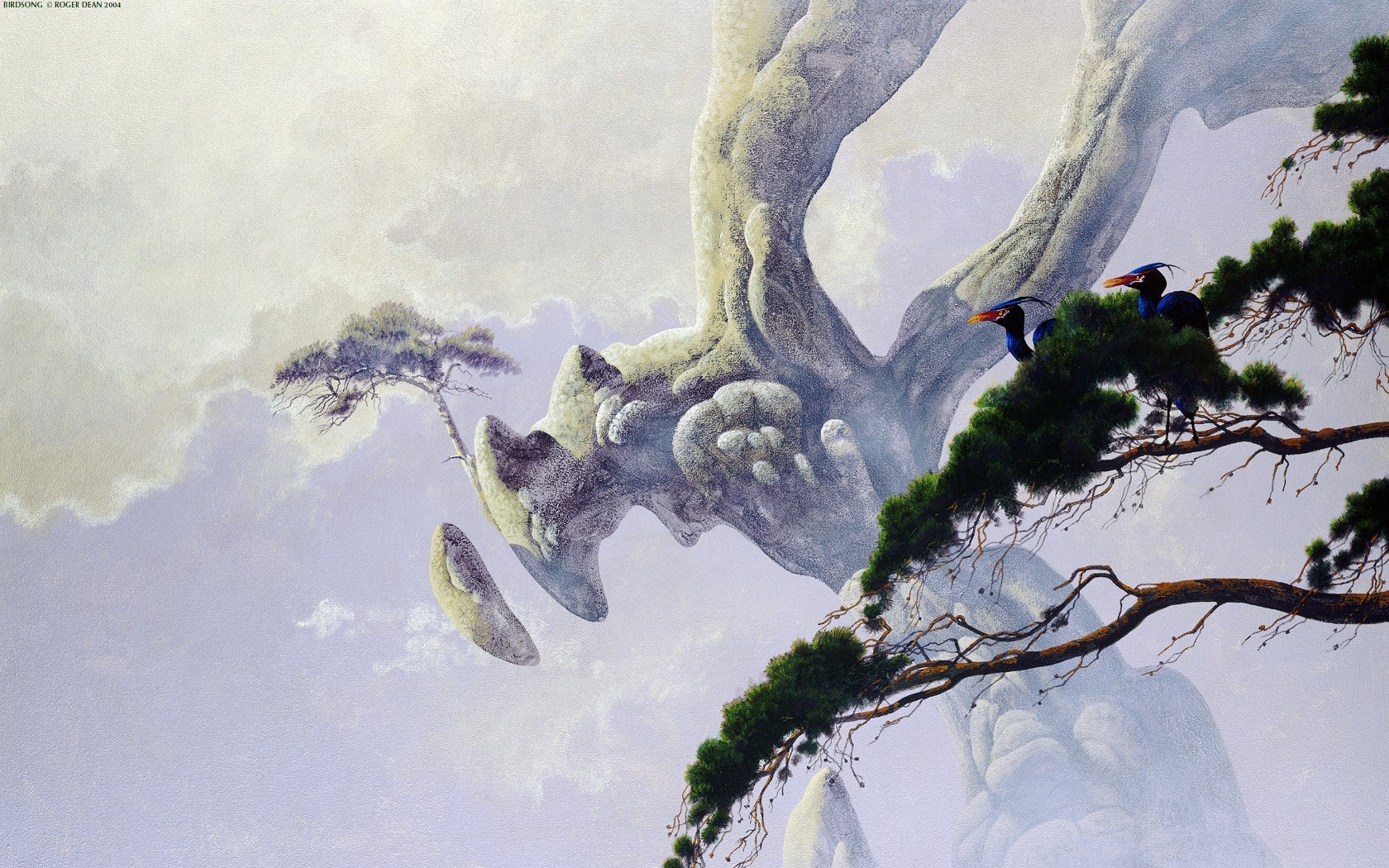 Fantasy landscape with floating islands and birds HD Wallpaper