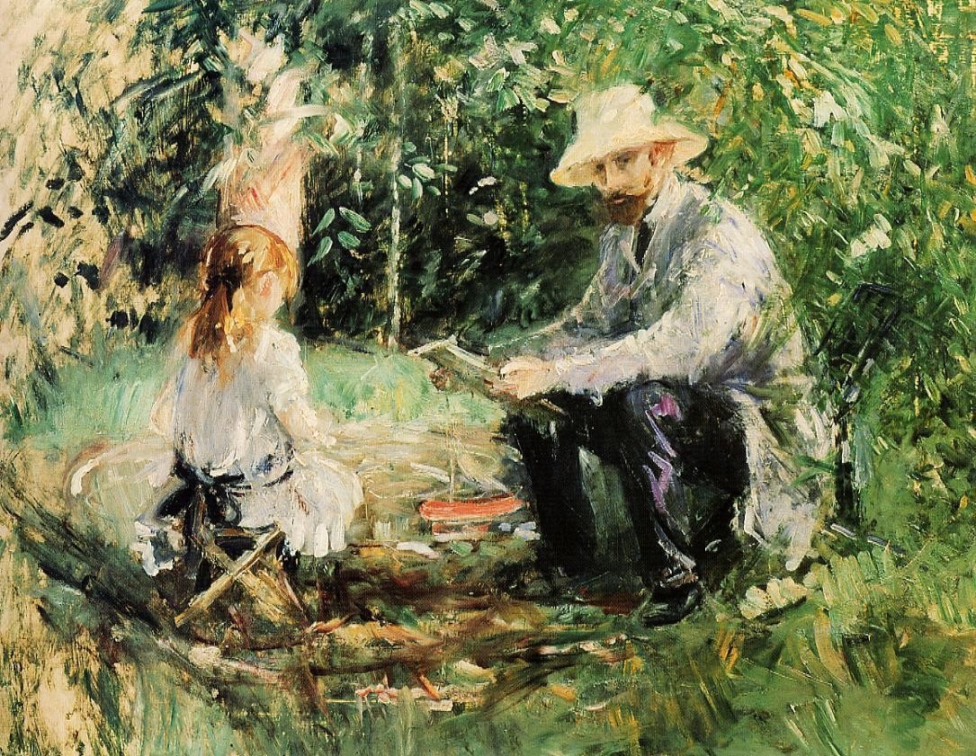 Painting of a man reading to a girl in a garden HD Wallpaper