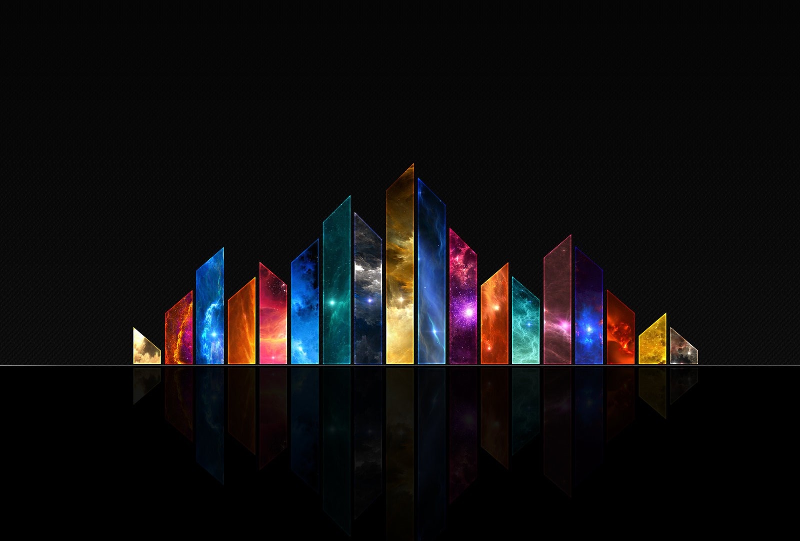 Abstract colorful geometric shapes with reflections on black background HD Wallpaper