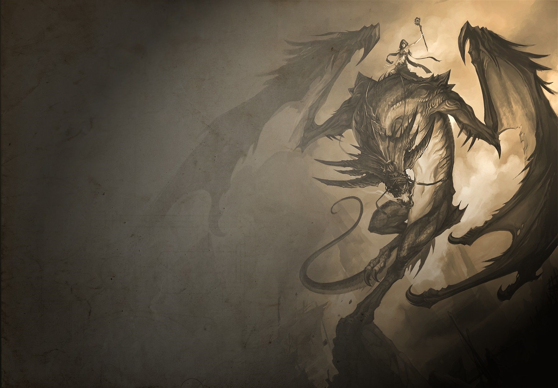 A woman riding a dragon with a staff HD Wallpaper
