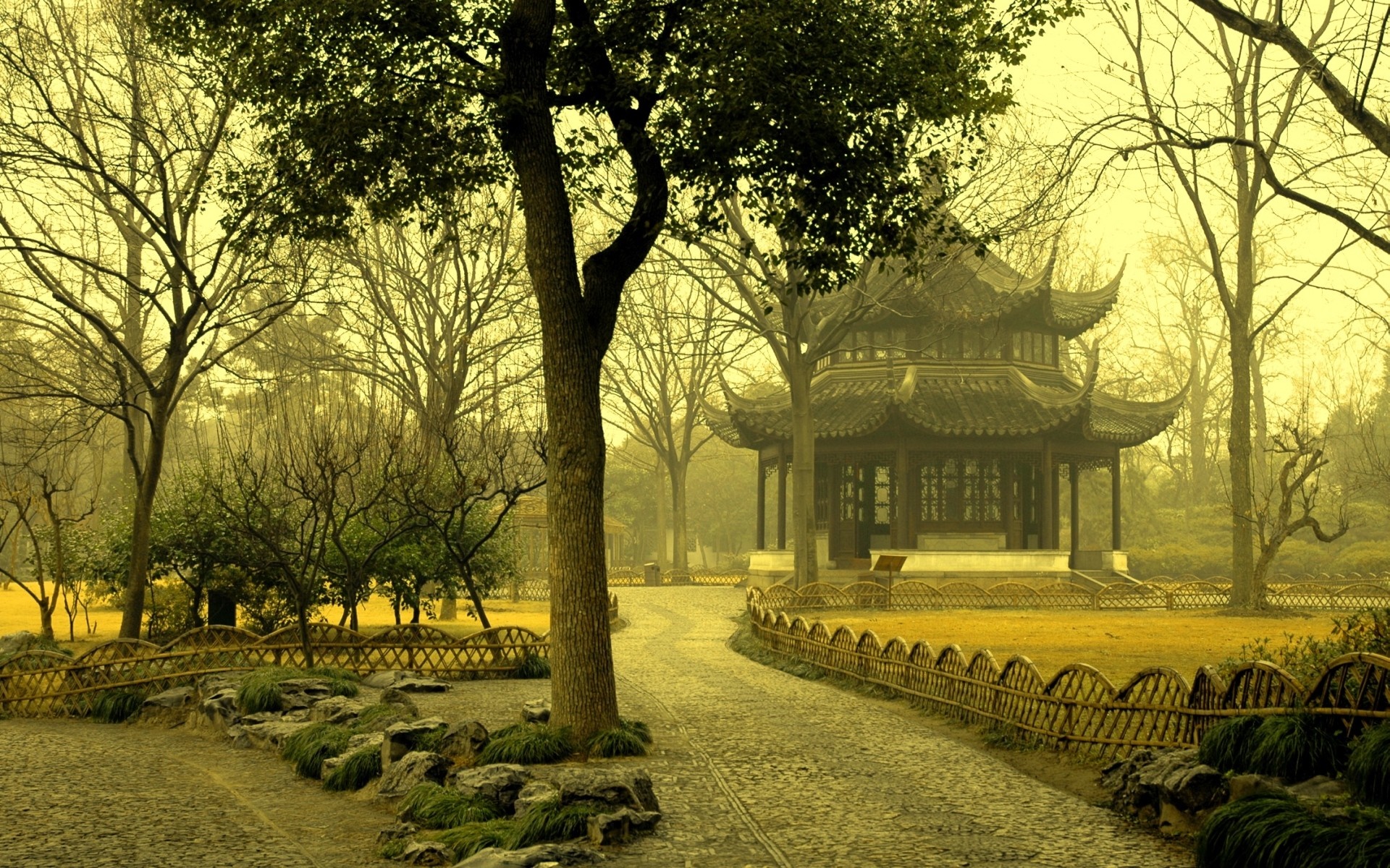Asian pavilion in a park with trees and a path HD Wallpaper