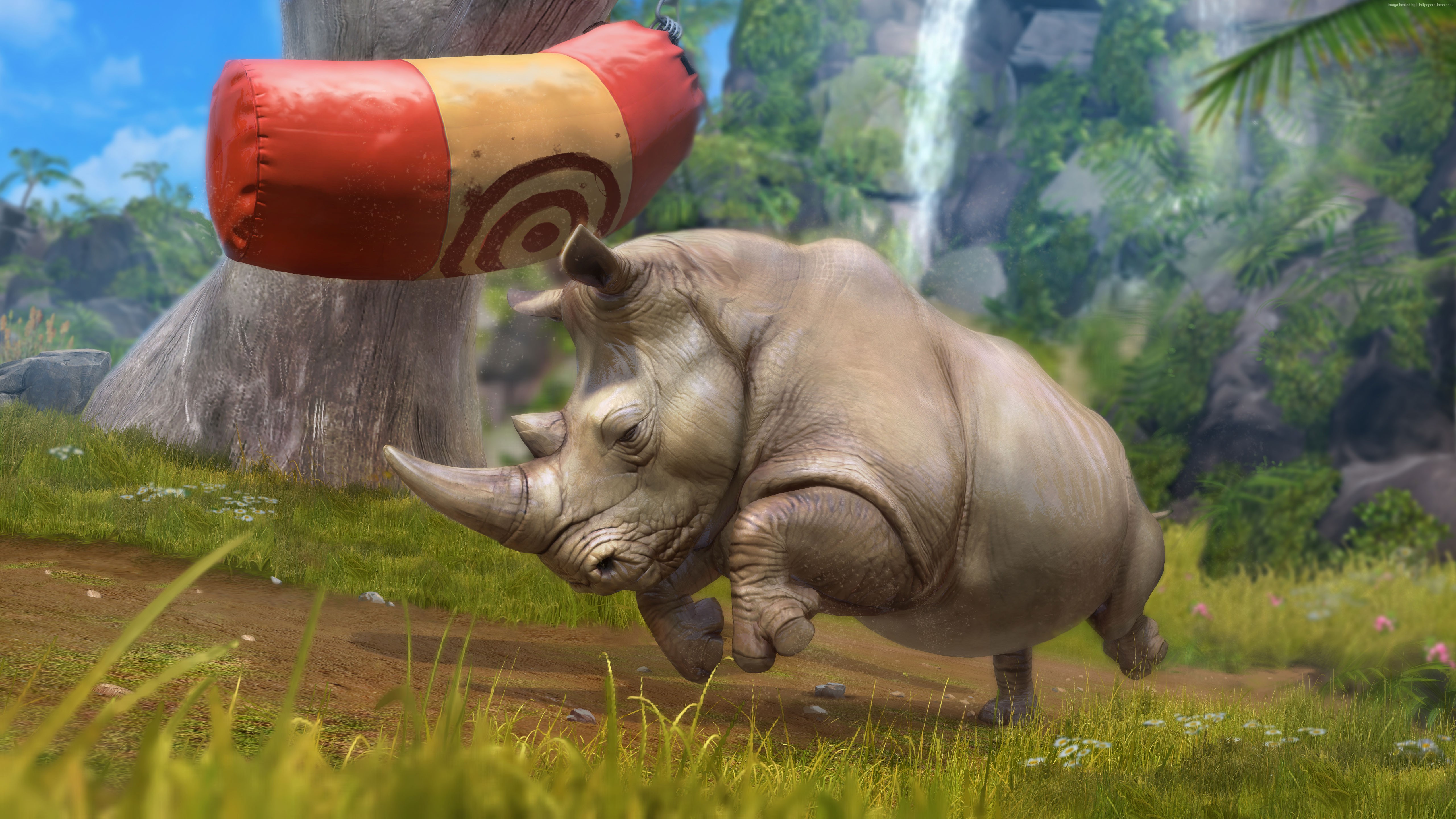 Rhino running near a punching bag in a jungle HD Wallpaper