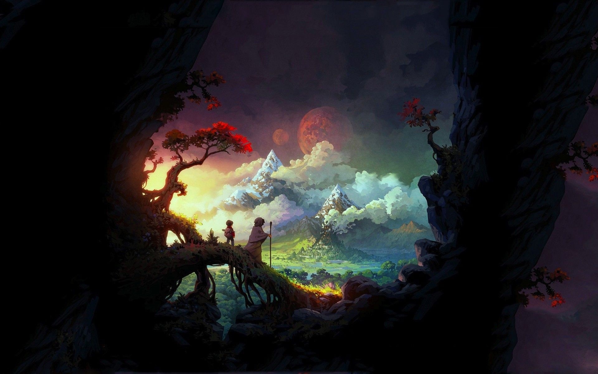 Two figures on a tree bridge overlooking a fantasy landscape HD Wallpaper