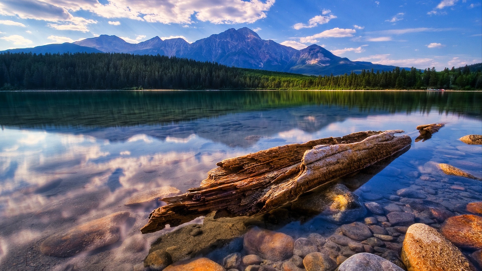 Lake with mountains and a log in the foreground HD Wallpaper