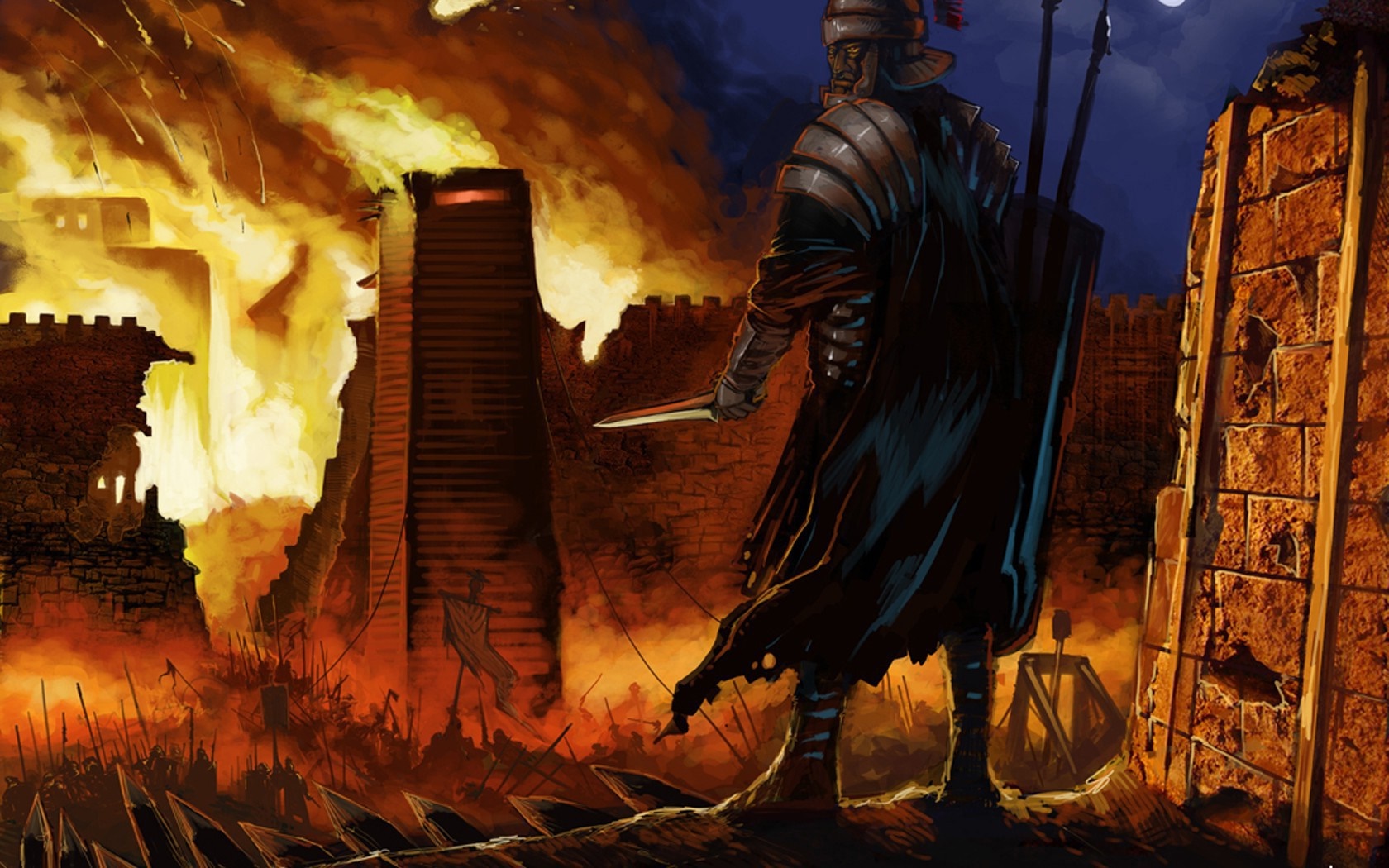 Soldier overlooking a burning city at night HD Wallpaper