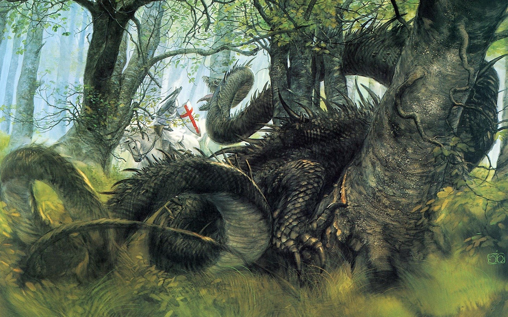 Knight on horseback confronts a dragon in a forest HD Wallpaper