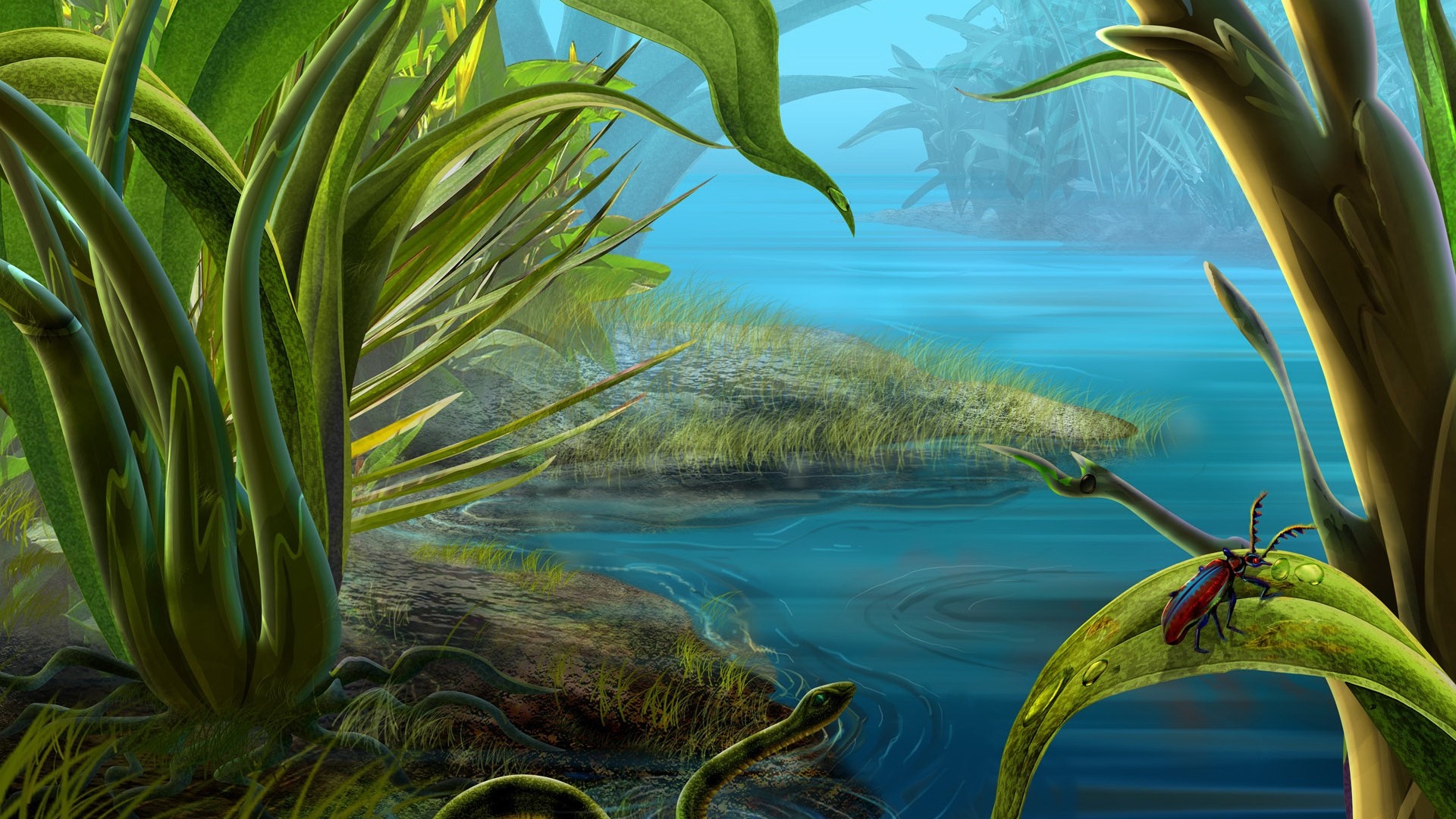 A swampy jungle scene with a snake and an insect HD Wallpaper