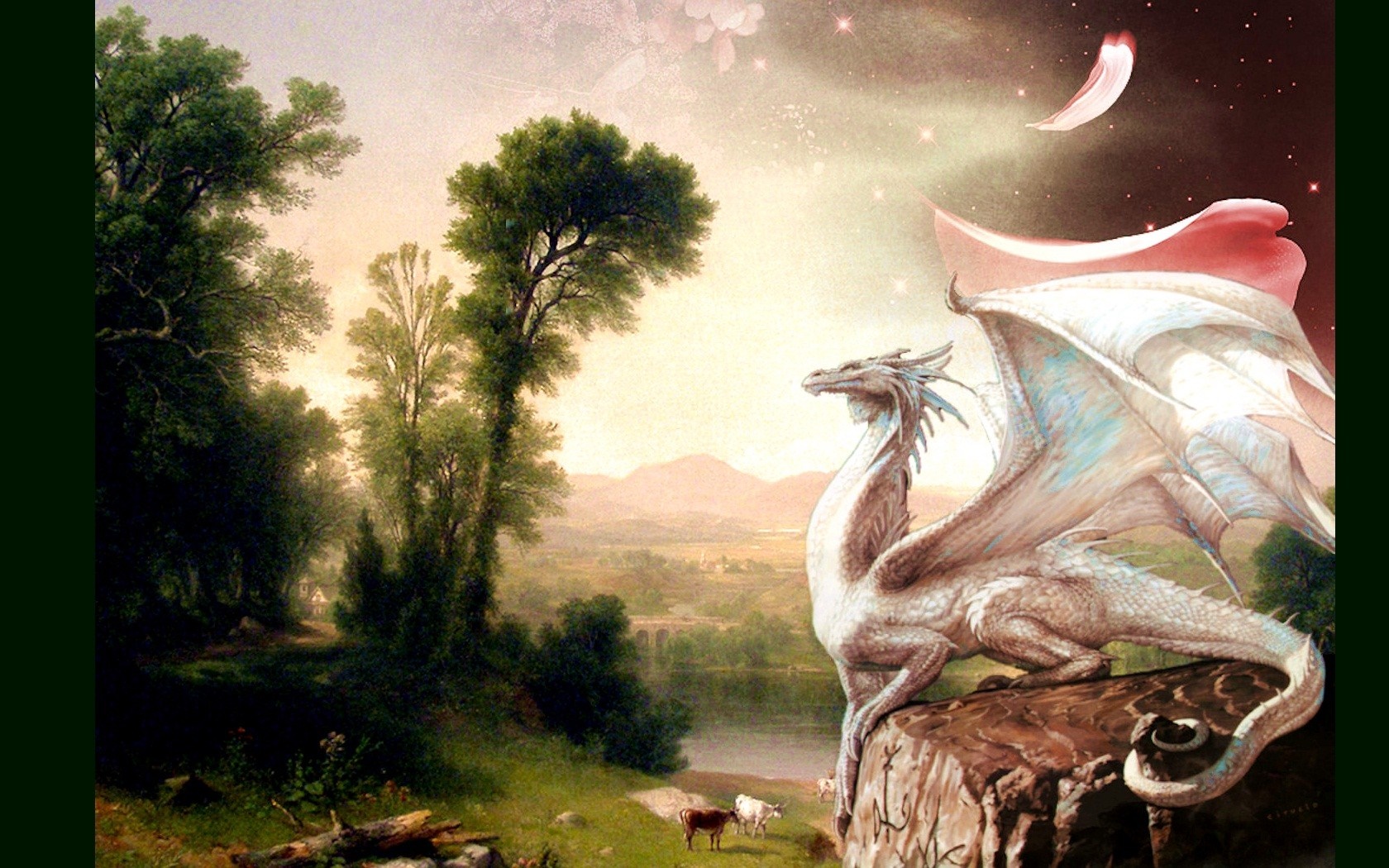 Fantasy painting of a white dragon overlooking a landscape HD Wallpaper