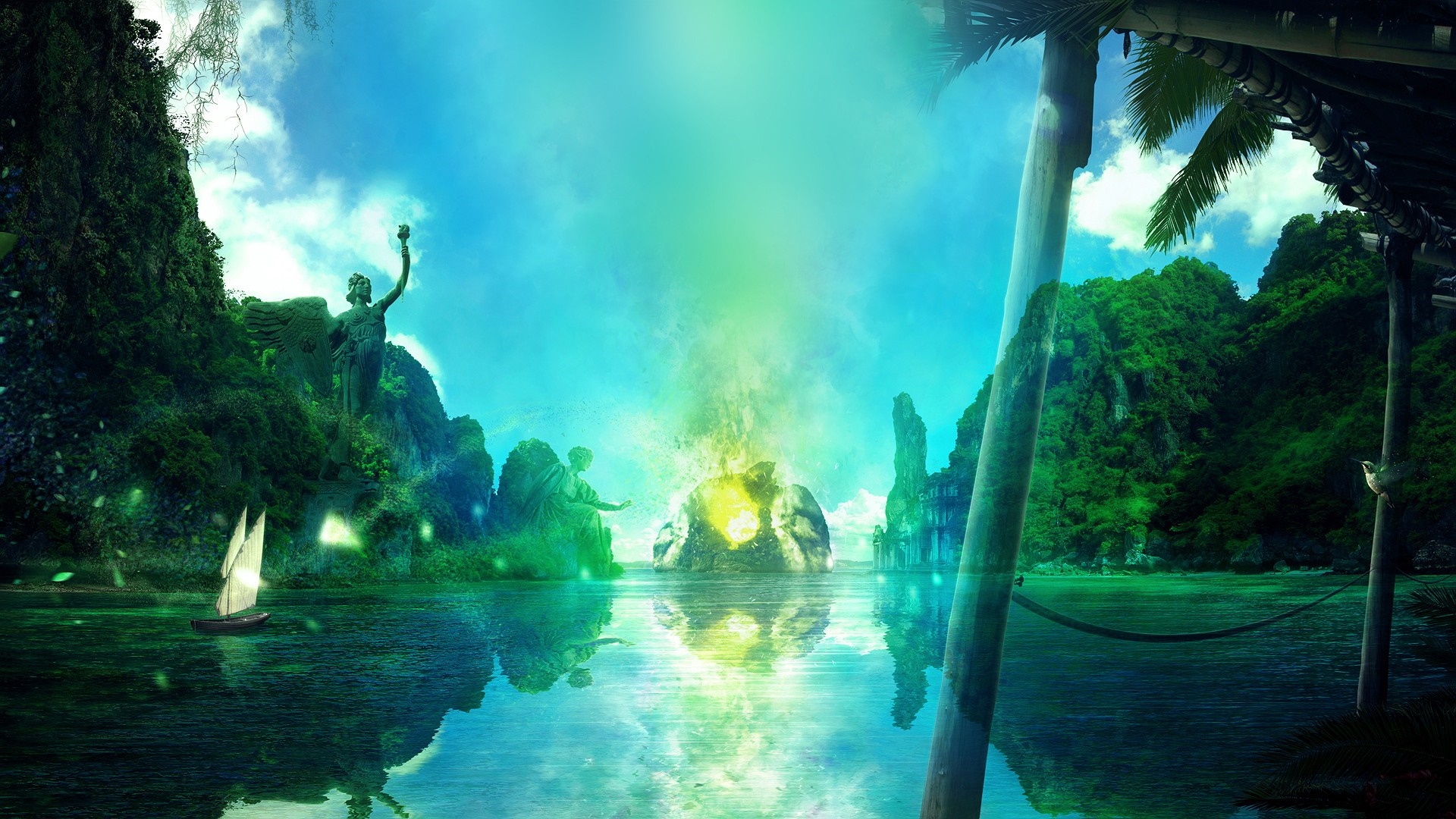 Fantasy landscape with statues and a glowing energy source HD Wallpaper