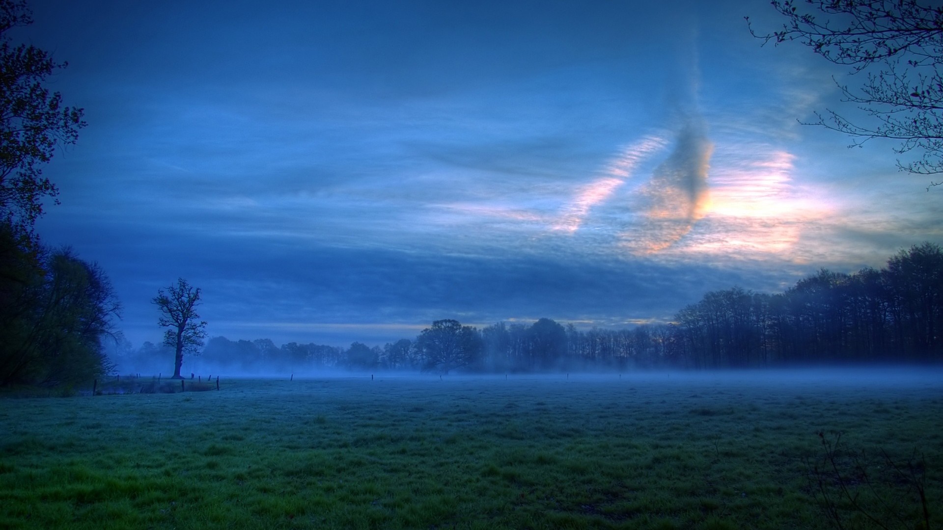 Misty field at sunrise with colorful clouds HD Wallpaper