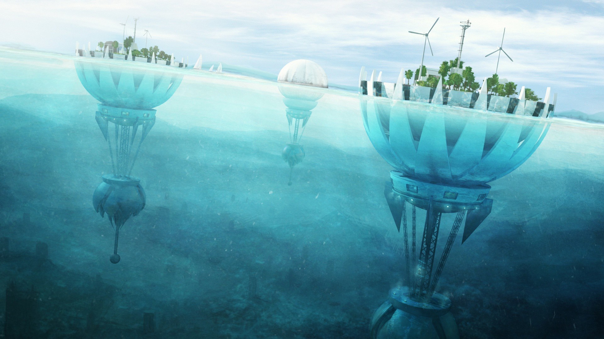Futuristic underwater cities with wind turbines HD Wallpaper