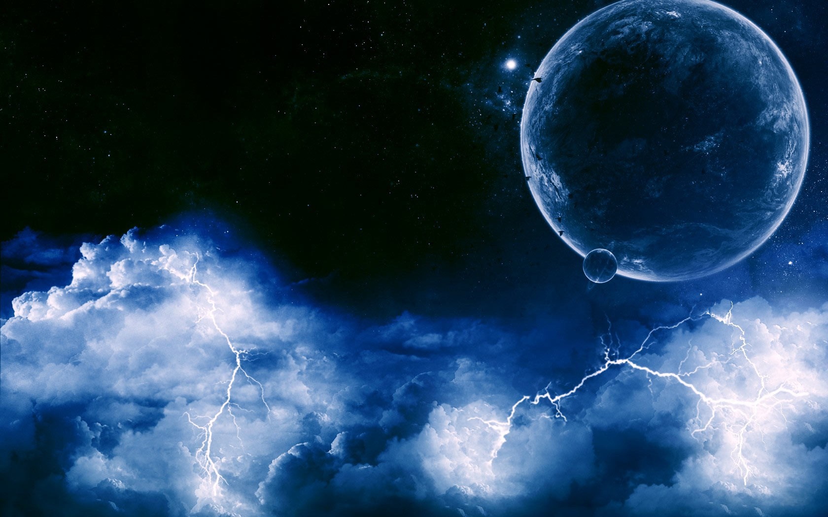 Digital art of a planet and moon during a lightning storm in space HD Wallpaper